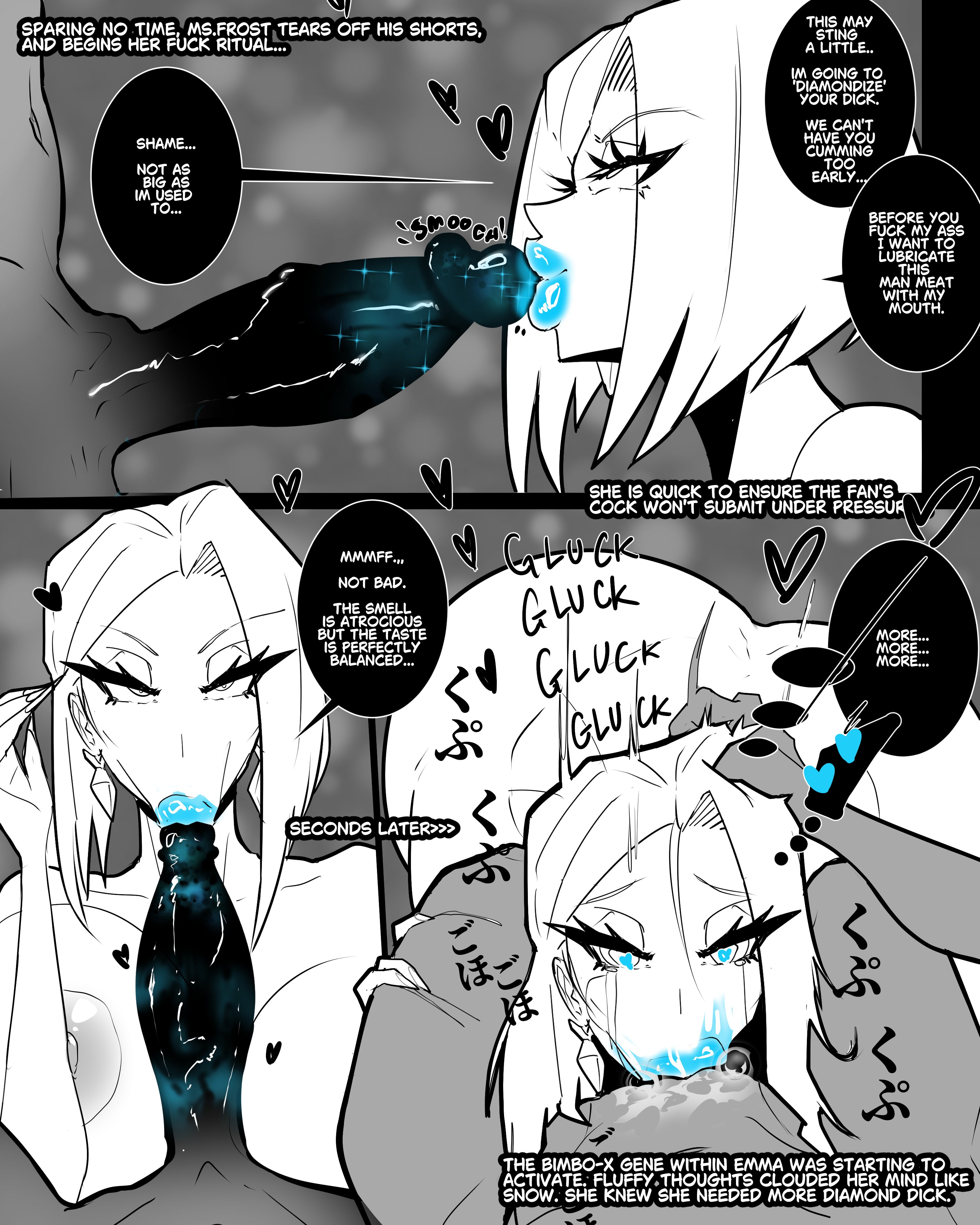 :>=, 1boy, 1girls, 2d, all the way to the base, alternate ass size, alternate breast size, areolae, ass, bimbo, bimbo body, bimbo lips, bimbofied, blonde hair, blowjob, blue lipstick, blue makeup, breasts, comic page, deepthroat, earring, emma frost, emma frost (marvel rivals), english text, erection, fellatio, female, heart-shaped pupils, hourglass figure, huge ass, huge breasts, irrumatio, just the tip, kiss mark, kissing, kissing penis, kyza, large ass, large breasts, large lips, large penis, larger female, lipstick on penis, looking at viewer, makeup, male, marvel, marvel rivals, monochrome, mutant (marvel), nipples, oral, penis, pussy, round ass, round breasts, size difference, smaller male, smile, smiling, thick thighs, thighhighs, thighs, thin waist, vagina, wasp waist, white queen, wide hips, x-men