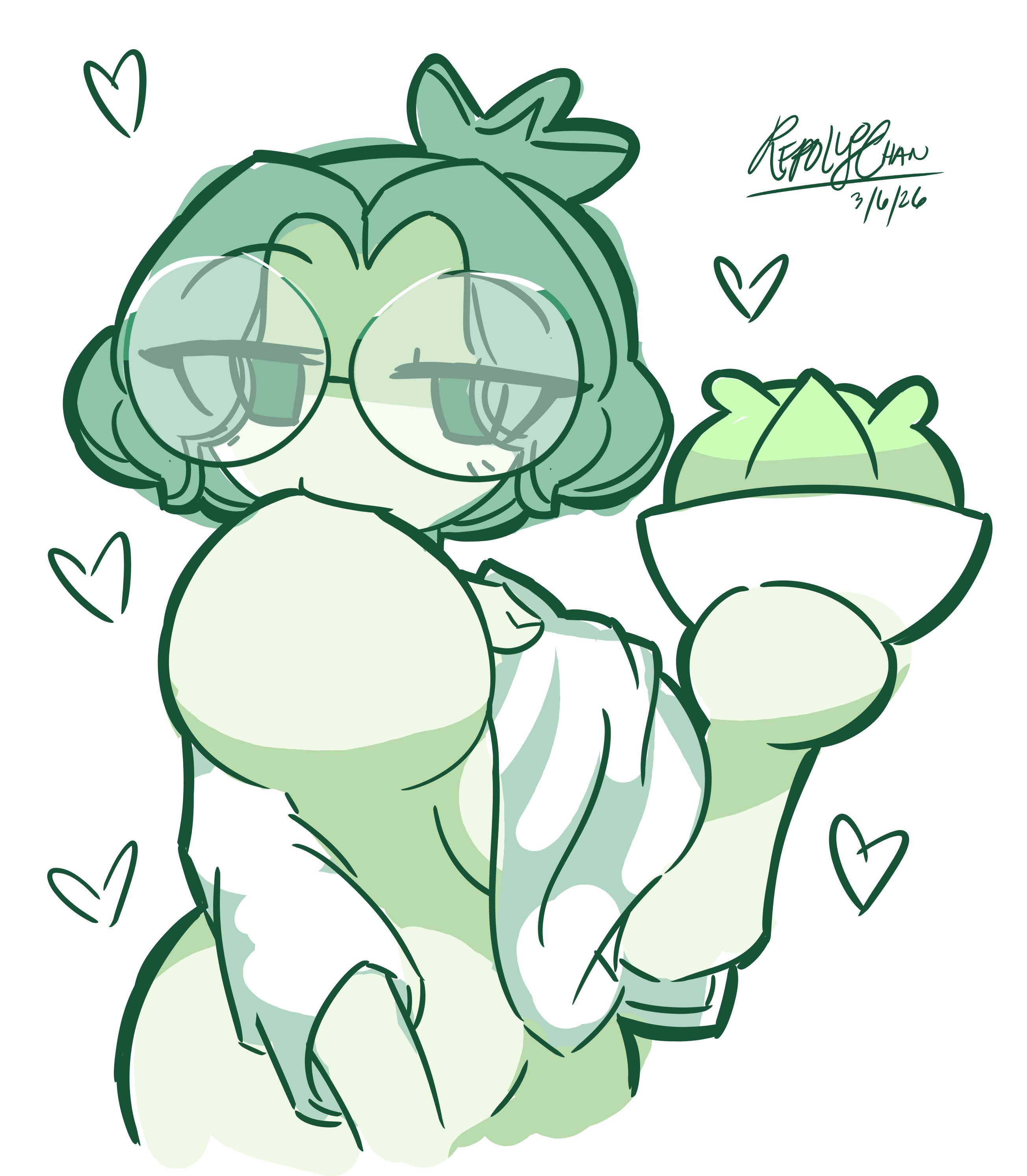 bottomless, cabbage, choker, glasses, green eyes, green hair, green skin, hearts around body, holding object, lactation, large breasts, no panties, original, plant girl, repolyo (repolyo-chan), repolyo-chan, seductive look, shirt lift, short hair, sucking own breasts, text, vegetable humanoid, white shirt