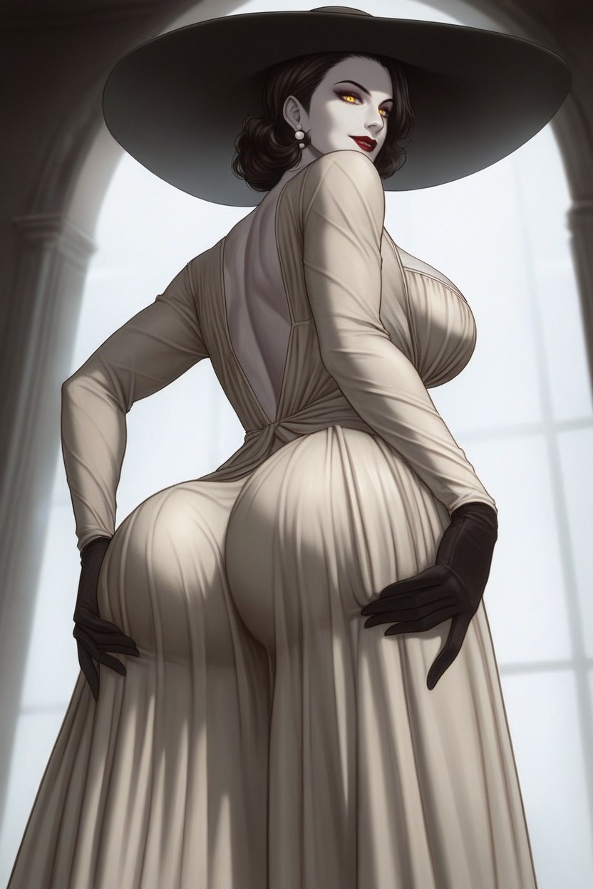1girls, ai generated, alcina dimitrescu, ass, big breasts, breasts, bubble butt, dress, earrings, elegant female, faprunner78, fat ass, female, female only, gloves, holding ass, mature female, monster, monster girl, natural breasts, pale-skinned female, resident evil, resident evil 8: village, round ass, sunhat, vampire, vampire girl, yellow eyes