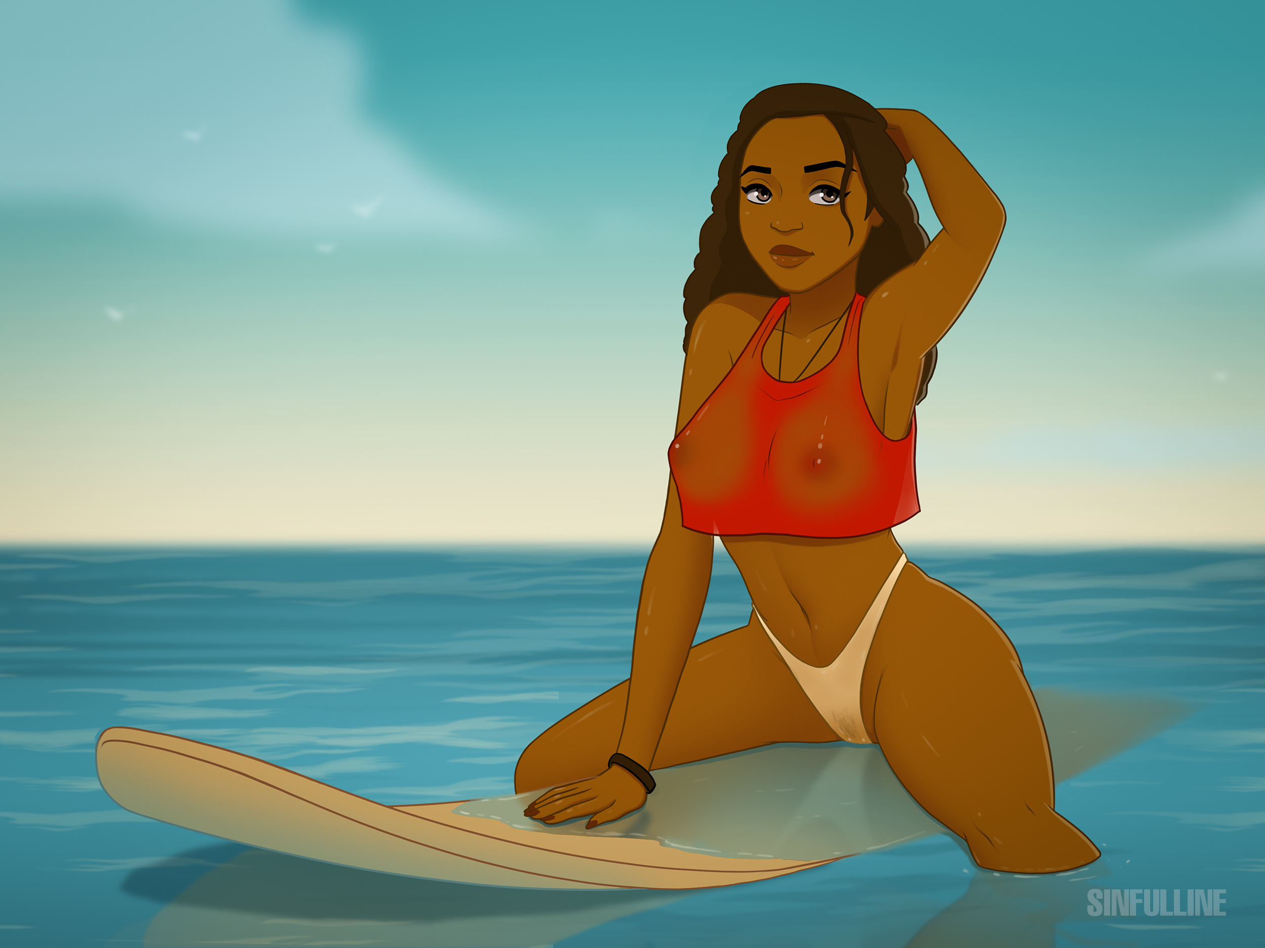 1girls, big breasts, breasts, brown hair, cameltoe, dark skin, dark-skinned female, disney, female, moana, moana waialiki, nipples, nipples visible through clothing, panties, pubic hair, pussy, pussy visible through clothes, sinfulline, solo, translucent clothing