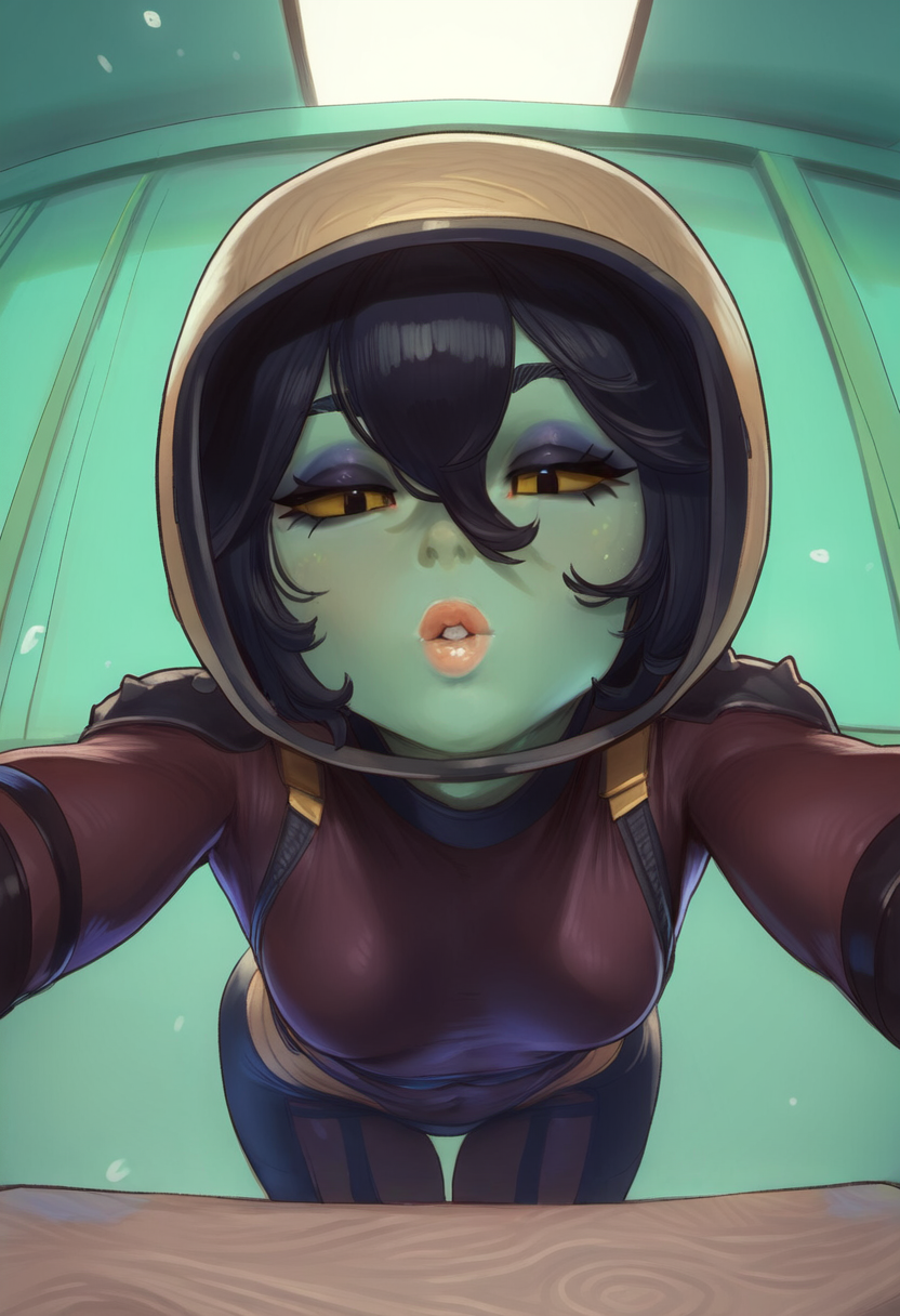 adult_female ai_generated alien alien_ alien_humanoid bending_forward black_hair breasts female freckles green_hair green_skin humanoid looking_at_viewer oc original original_character petite_female presenting sfw short_hair small_breasts smaller_female thigh_gap tight_suit yellow_eyes