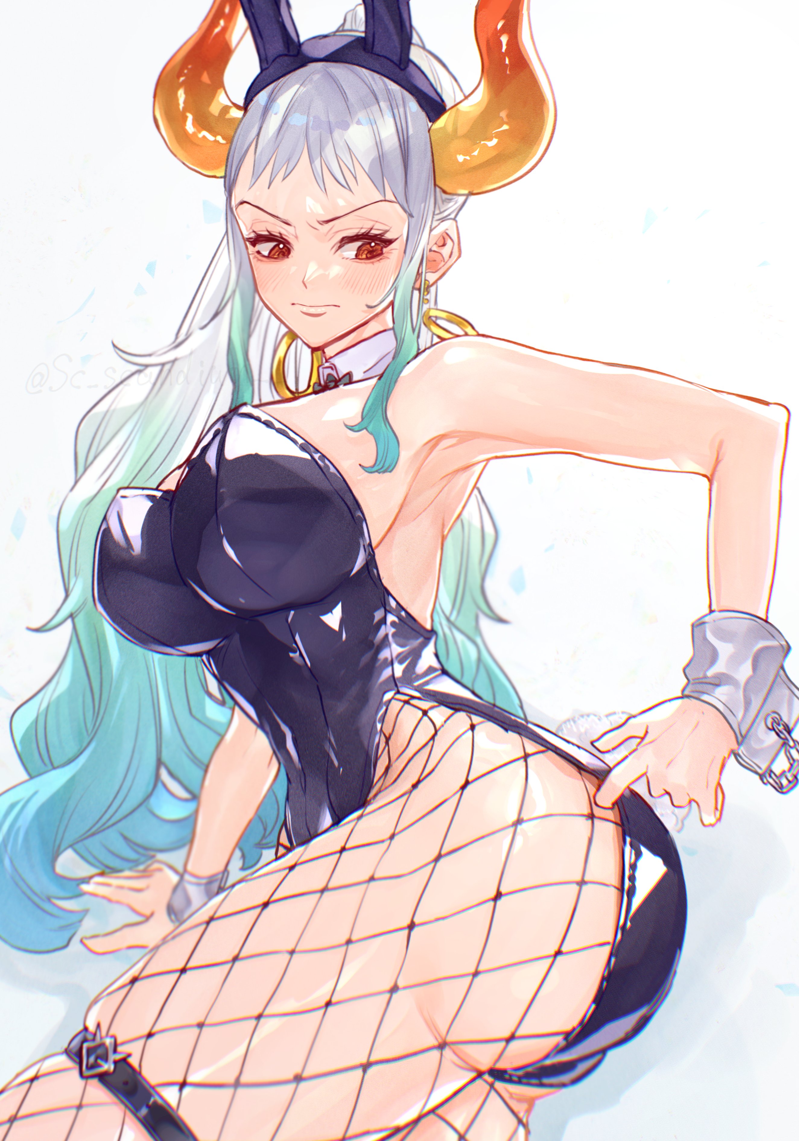 1girls, adjusting clothes, ass, bare arms, big ass, big breasts, blush, breasts, bunny ears, bunny girl, bunny tail, bunnysuit, clothing, cuffs (clothing), curvaceous, curvy, curvy female, curvy figure, detached collar, detached cuffs, earrings, eyebrows, fake animal ears, fake bunny ears, fake bunny tail, female, female focus, female only, fishnet legwear, fishnets, green hair, horns, huge ass, large ass, large breasts, light skin, light-skinned female, long hair, looking at self, one piece, red eyes, revealing clothes, sc scandium, simple background, skindentation, slim waist, solo, solo female, solo focus, thick thighs, thigh strap, thighs, thin waist, two-tone hair, white background, white hair, white-haired female, yamato (one piece)