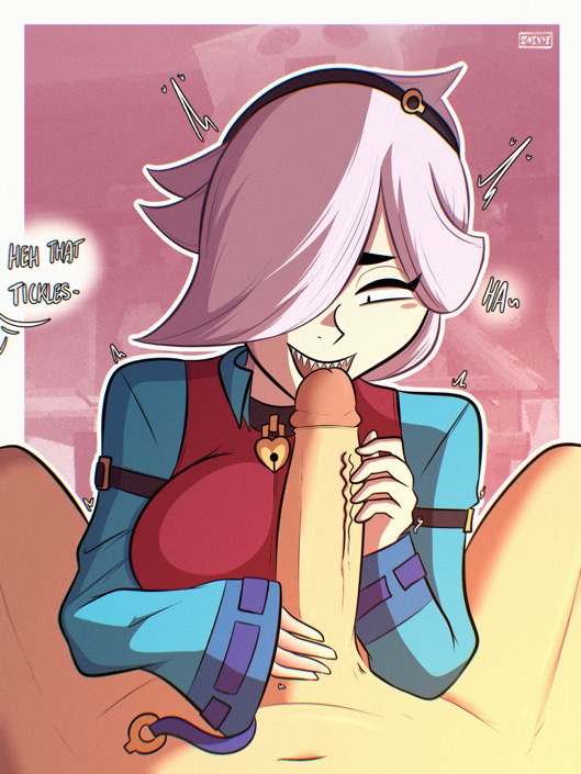 1boy, 1girls, big breasts, blowjob, brawl stars, breasts, clothed, clothed female nude male, clothed sex, colette (brawl stars), dick, hand on penis, long penis, penis, sharp teeth, submission by colette, teeth, teeth on penis, white hair, work uniform, znixye