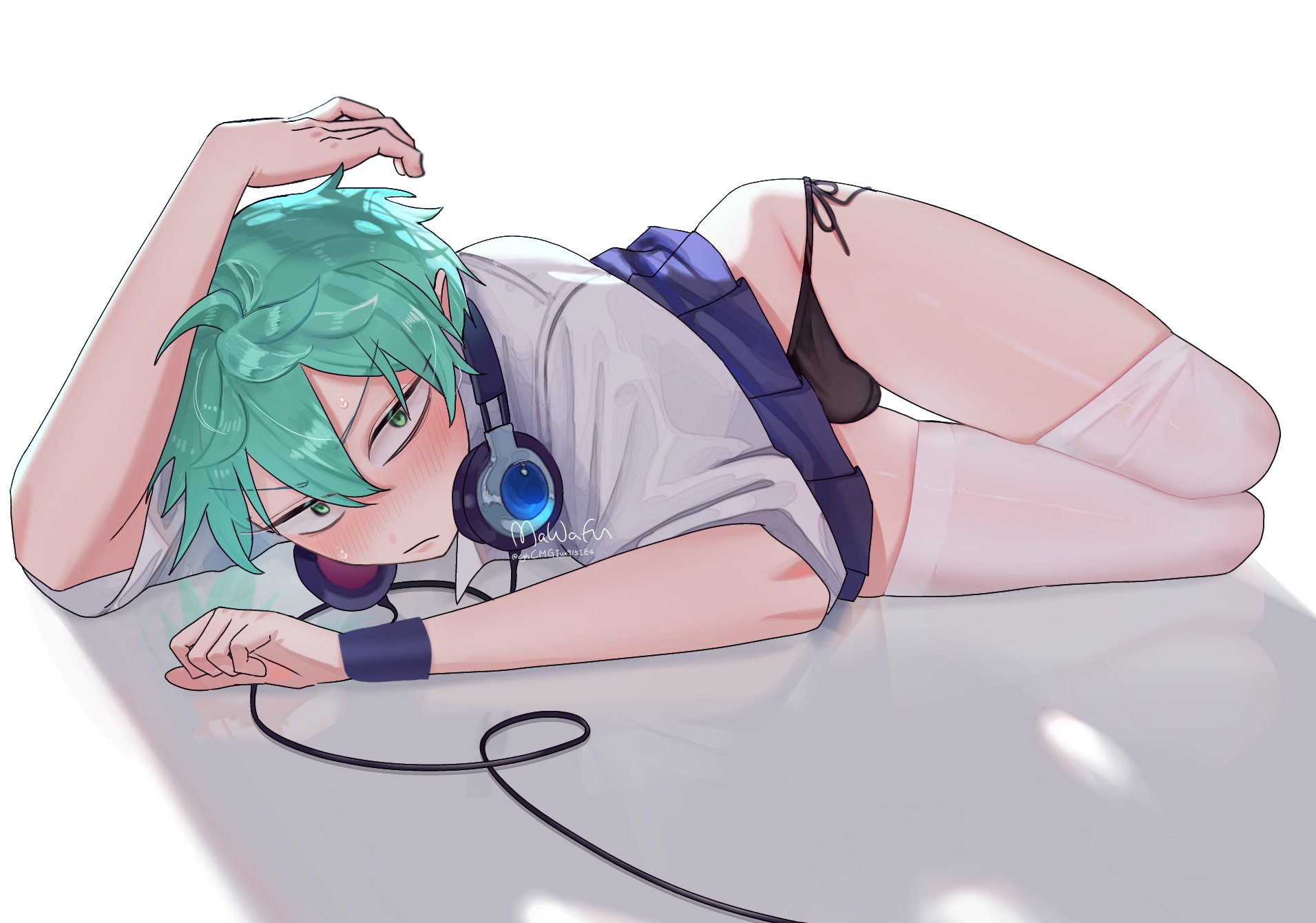 alien stage, ass, ass up, black panties, blush, crossdressing, embarrassed, femboy, feminization, green hair, headphones, male, mawafun, midriff, panties, school uniform, seductive, seductive pose, short skirt, shy, string panties, sweating, thighhighs, tight clothing, till (alien stage)