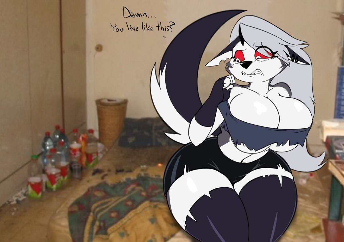 ass, big ass, big breasts, breasts, cleavage, female, furry, hellhound, helluva boss, huge breasts, loona (helluva boss), real life background, seii3, seiiartworks, thick thighs, wide hips, wolf, wolf ears, wolf girl, wolf tail