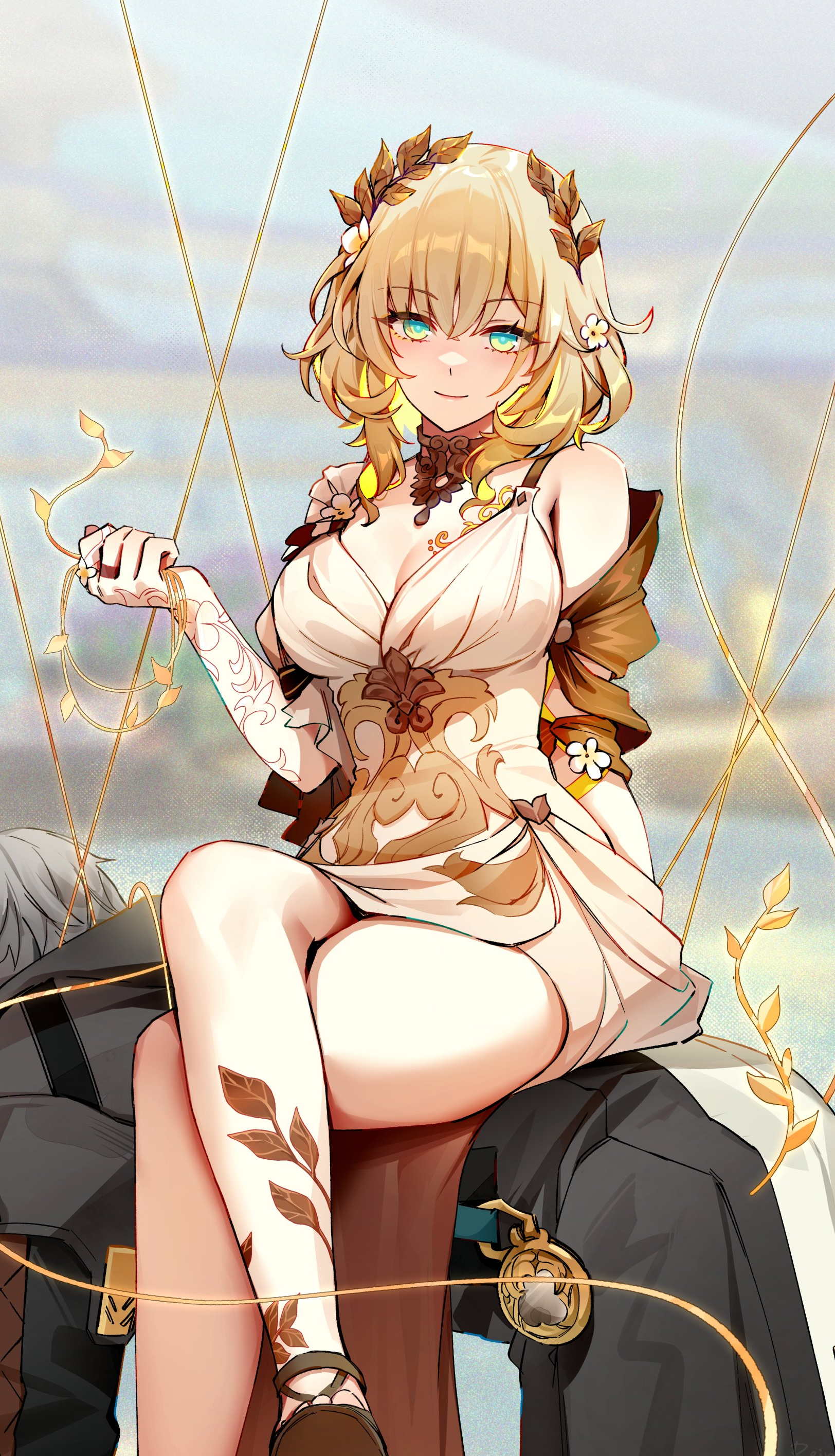 1boy, 1girls, aglaea (honkai: star rail), all fours, bare legs, black jacket, blonde hair, breast tattoo, breasts, caelus (honkai: star rail), crossed legs, dress, female, female focus, femdom, foxyreine, green eyes, grey hair, hand up, head wreath, honkai (series), honkai: star rail, human chair, human furniture, jacket, looking at viewer, male, short hair, sitting, sitting on person, smile, tattoo, trailblazer (honkai: star rail), white dress