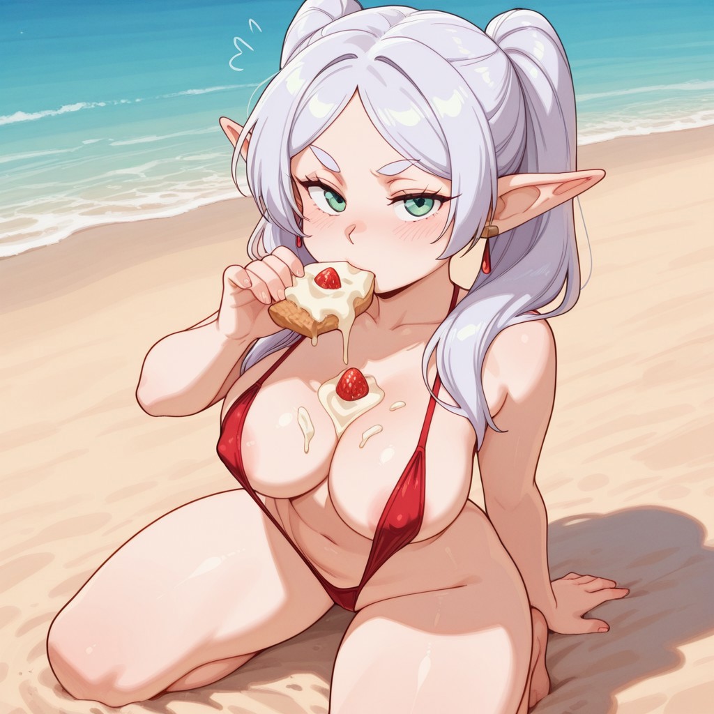 ai_generated beach cartoon cartoony cute elf frieren frieren_beyond_journey's_end looking_at_viewer needmymommy vacation western_art