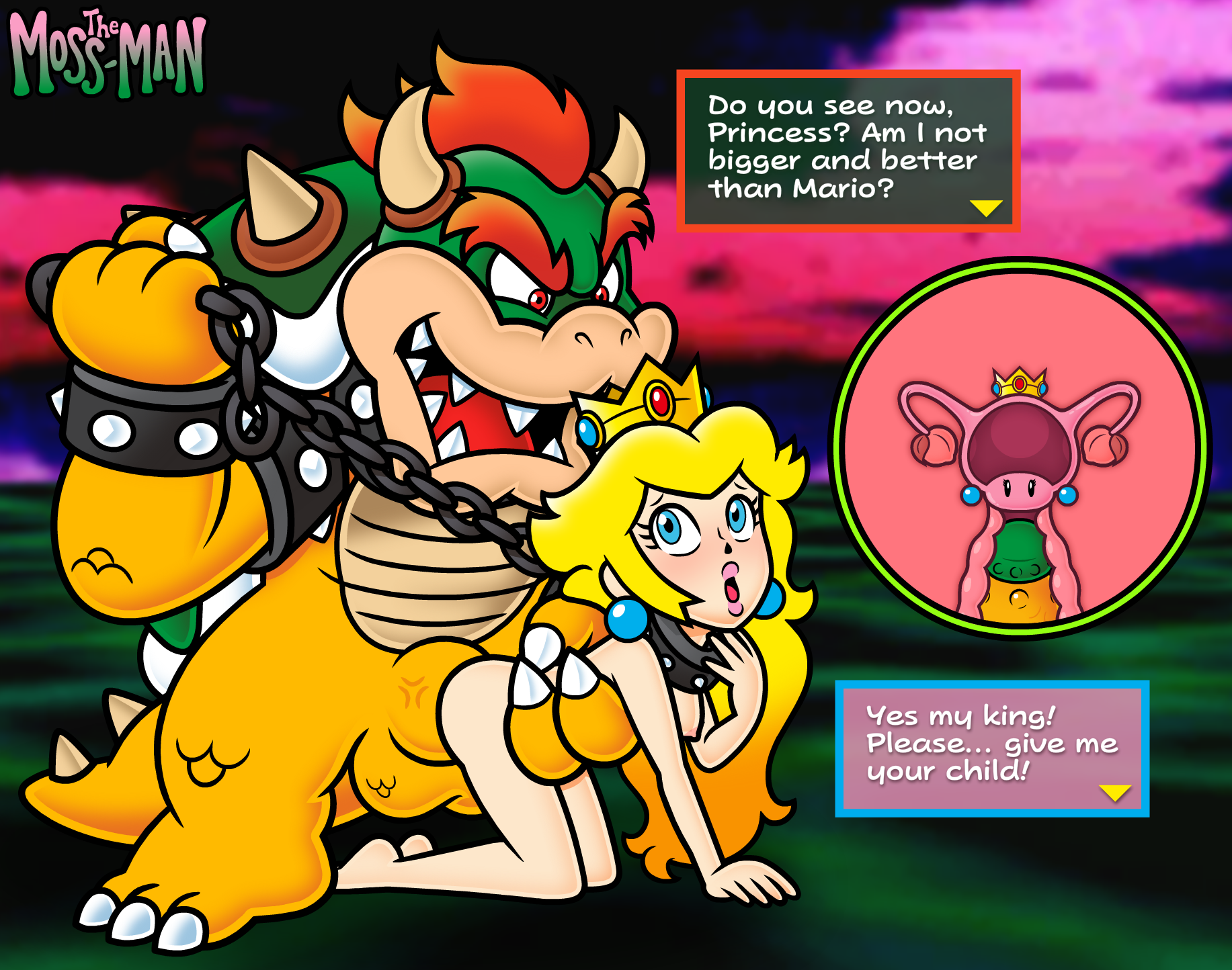 accurate art style, bowser, chain leash, doggy style position, dominant male, female, impregnation request, male, mario (series), naked female, penis, penis in pussy, princess peach, pussy, speech bubble, submissive female, super mario bros., the moss-man
