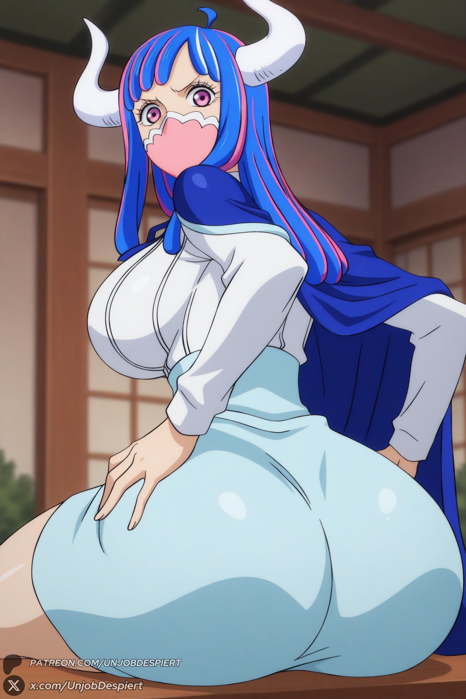 1female 1girl 1girls 2026 ahoge ai_generated artist_name ass bangs big_ass big_breasts blue_cape blue_hair blue_skirt breasts cape clothing curvy female female_only from_behind hi_res high-waist_skirt high_quality high_resolution highres horns huge_ass huge_breasts indoors large_breasts long_hair long_sleeves looking_at_viewer looking_back mask mouth_mask multicolored_hair one_piece patreon patreon_logo patreon_username pink_eyes pink_hair shirt sitting skirt solo two-tone_hair ulti_(one_piece) unjobdespiert watermark web_address white_shirt