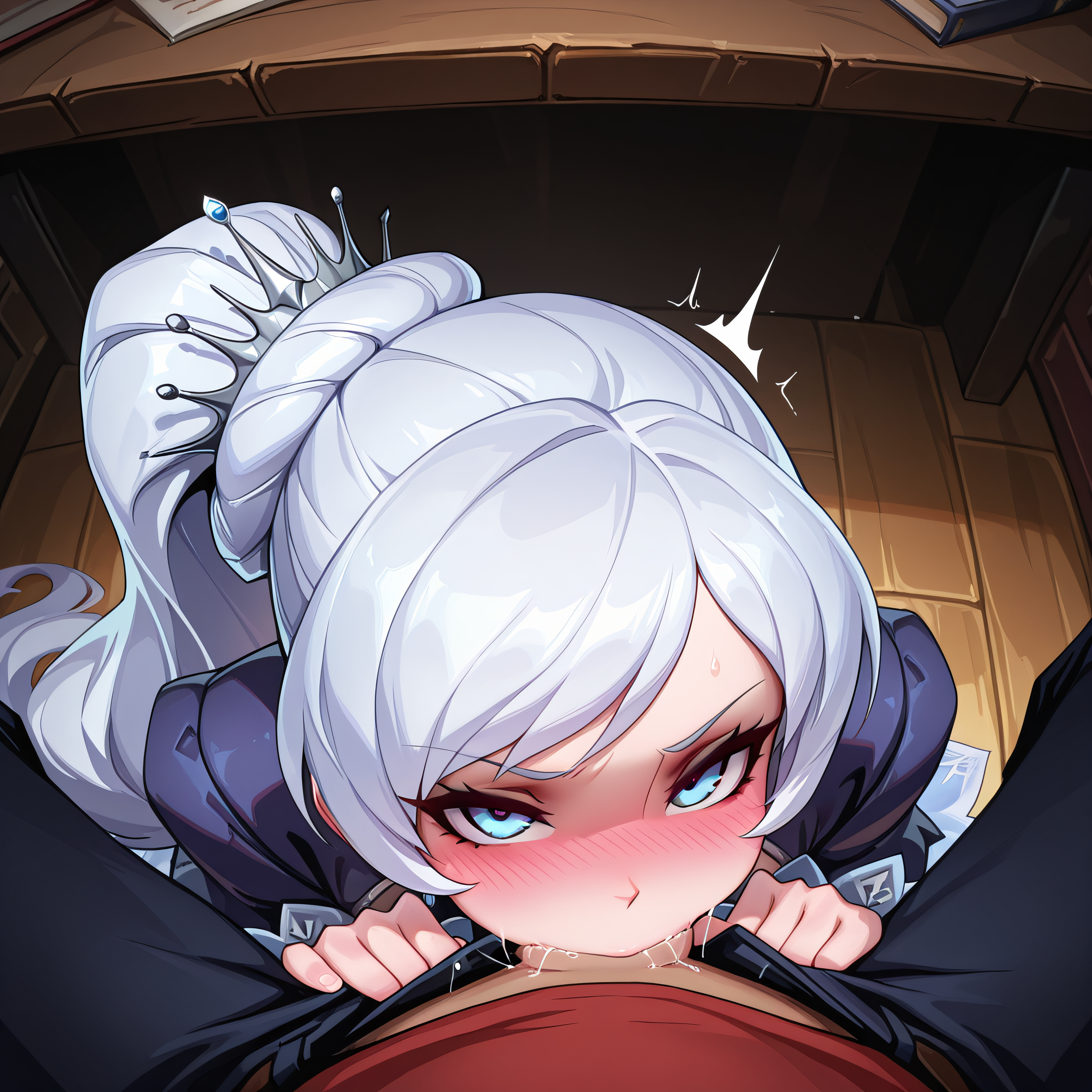 1boy, 1girls, ai generated, blue eyes, blush, classroom, close up, close up view, close-up, closeup, closeup view, clothed, darkwolfgang, deepthroat, fellatio, female, looking at viewer, male, oral, oral sex, oral sex close up, oral sex close-up, oral sex closeup, penis, pov, rwby, tagme, under the table, weiss schnee, white hair