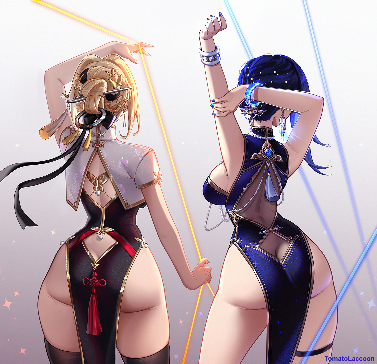 2d, 2girls, ass, breasts, crossover, dress, evelyn chevalier, female, female focus, female only, genshin impact, large ass, large breasts, light skin, light-skinned female, looking away, multiple females, multiple girls, thighhighs, thighs, tomatolaccoon, yelan (genshin impact), zenless zone zero
