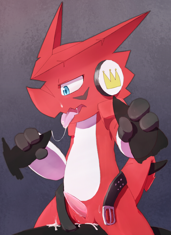 belt blue_eyes claws cum digimon dragon gay headphones male no_humans penis red shoutmon tongue