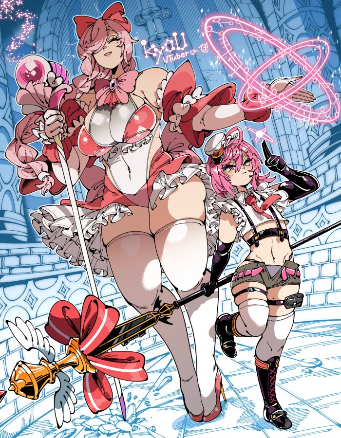 1boy, 1girls, big breasts, bigger female, breasts, female, femboy, grandmother, grandmother and grandson, grandson, height difference, kafun, larger female, magical boy, magical girl, male, older female, shorter male, size difference, smaller male, thick thighs, thighs, trap, younger male