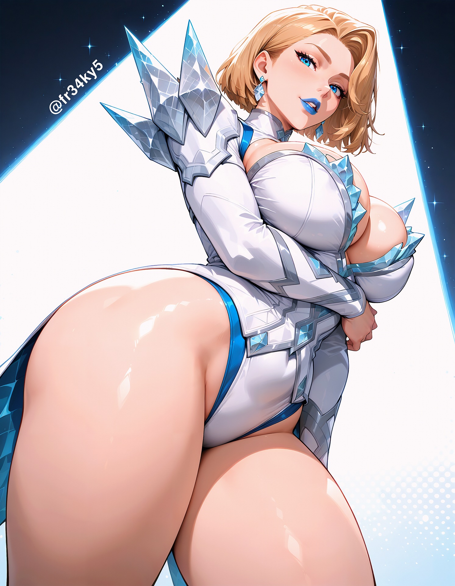 ai generated, blonde female, blonde hair, blue lipstick, bob cut, breasts, emma frost, emma frost (marvel rivals), female, fr34ky, from below, huge breasts, leotard, lipstick, marvel, marvel comics, marvel rivals, thick thighs