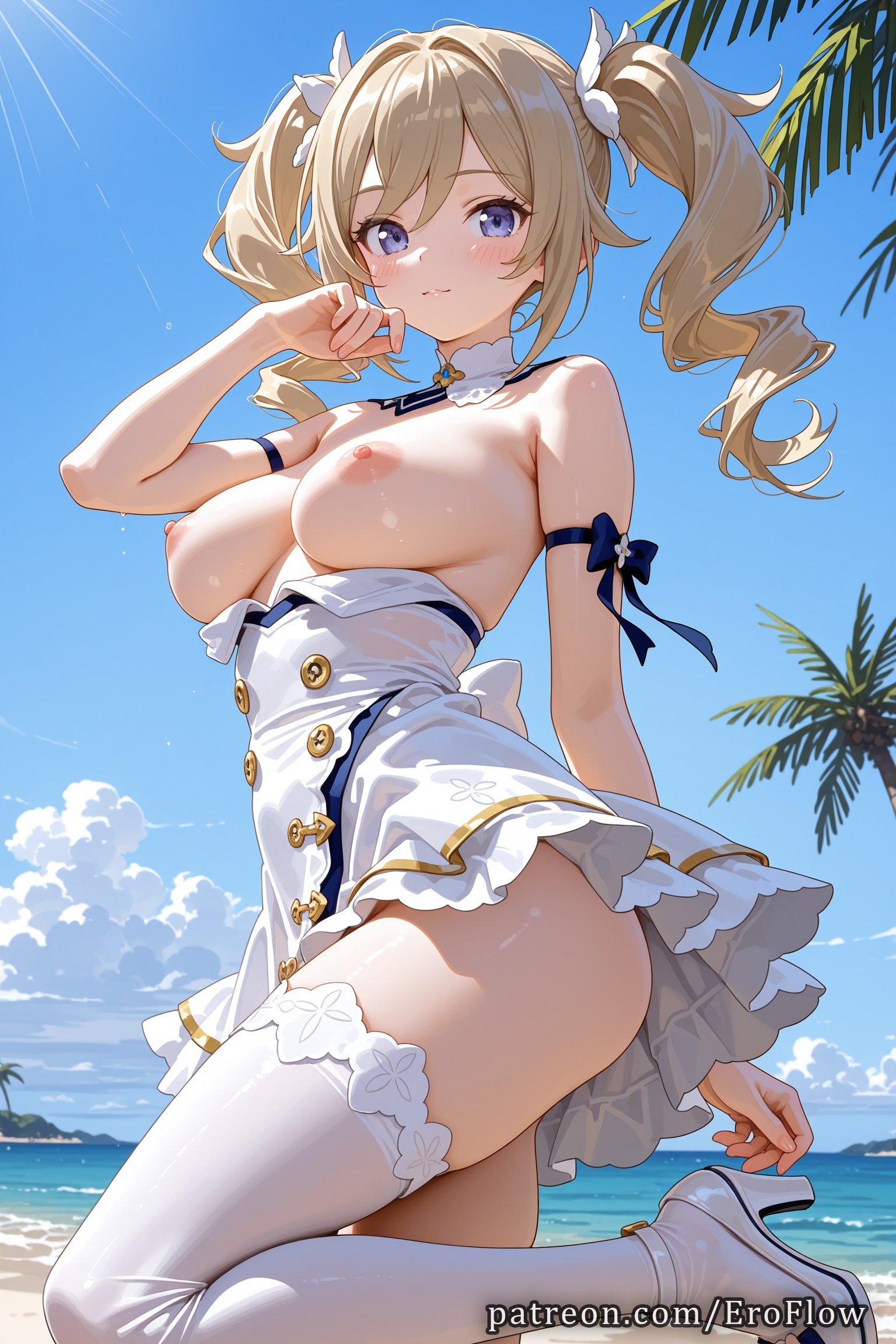 1girls, 2025, ai generated, bangs, barbara (genshin impact), bare shoulders, beach, blonde hair, blue eyes, blue sky, blush, bowtie, breasts, breasts out, closed mouth, detached collar, dress, dress pull, drill hair, eroflow, female, genshin impact, hi res, high heels, highres, hoyoverse, large breasts, long hair, looking at viewer, mihoyo, mihoyo technology (shanghai) co. ltd., nipples, outdoors, palm tree, patreon, sky, smile, solo, standing, standing on one leg, swimsuit, thighhighs, thighs, tree, twin drills, twintails, voluptuous, voluptuous female, water, wet, white dress, white footwear, white thighhighs