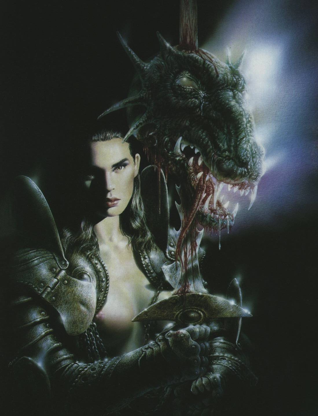 armor beige_skin blood bloody_sword breasts closed_mouth color dead dragon female front_view head human impalement injury interspecies looking_at_viewer luis_royo nipples open_mouth overhand_grip puncture realism red_blood sharp_teeth sword tongue tongue_out weapon wound