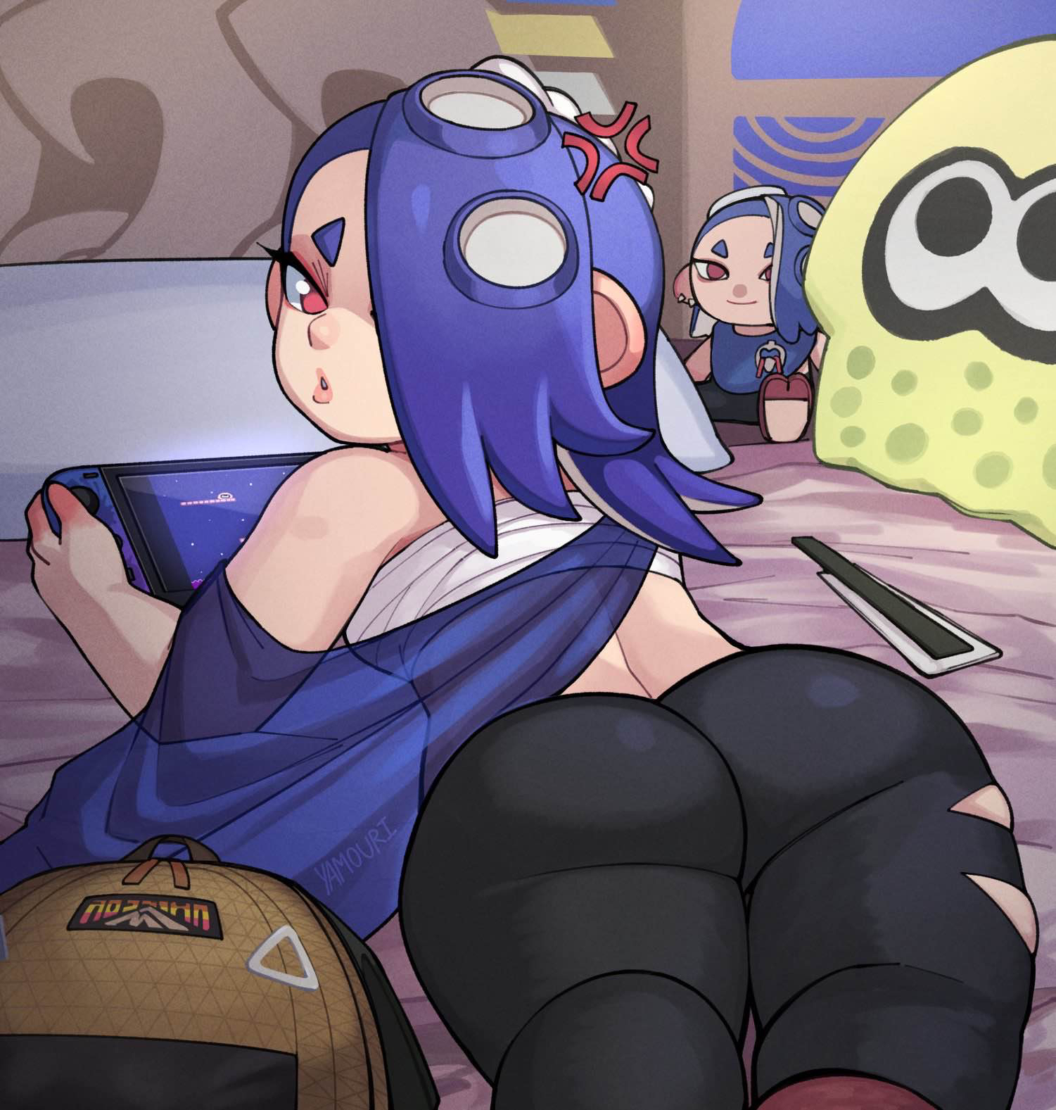 1girls, 2020s, 2025, angry, angry expression, ass, bedroom, big ass, big butt, black pants, blue eyebrows, blue hair, blue shawl, breast bandage, breasts, clothed, clothing, deep cut (splatoon), digital drawing (artwork), digital media (artwork), dipstick fingers, eyelashes, female, female focus, female only, hair over eye, hair over one eye, headband, hi res, holding game controller, holding object, huge ass, huge butt, japanese clothes, japanese female, joy-con, light skin, light-skinned female, lips, looking at viewer, looking back, looking back at viewer, lying, lying on stomach, nintendo, nintendo switch, o mouth, octoling, playing video game, plush, red eyes, shiver (splatoon), shiver hohojiro, short hair, solo, splatoon, splatoon (series), splatoon 3, tentacle, tentacle hair, thick thighs, yamouri