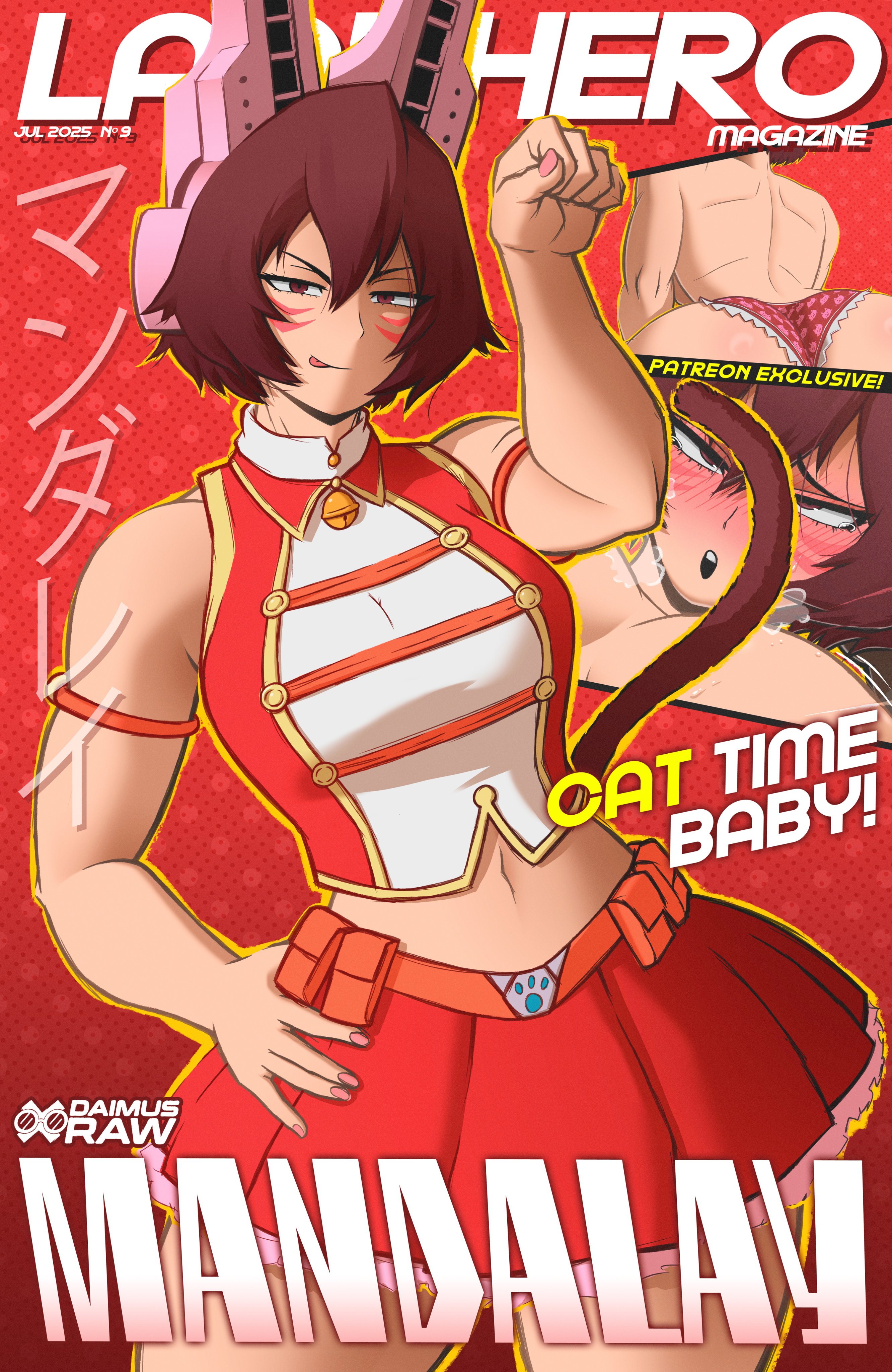 1girls, boku no hero academia, brown hair, brown-haired female, cat tail, cover page, daimusraw, female, magazine cover, mandalay, my hero academia, red hair, wild wild pussycats