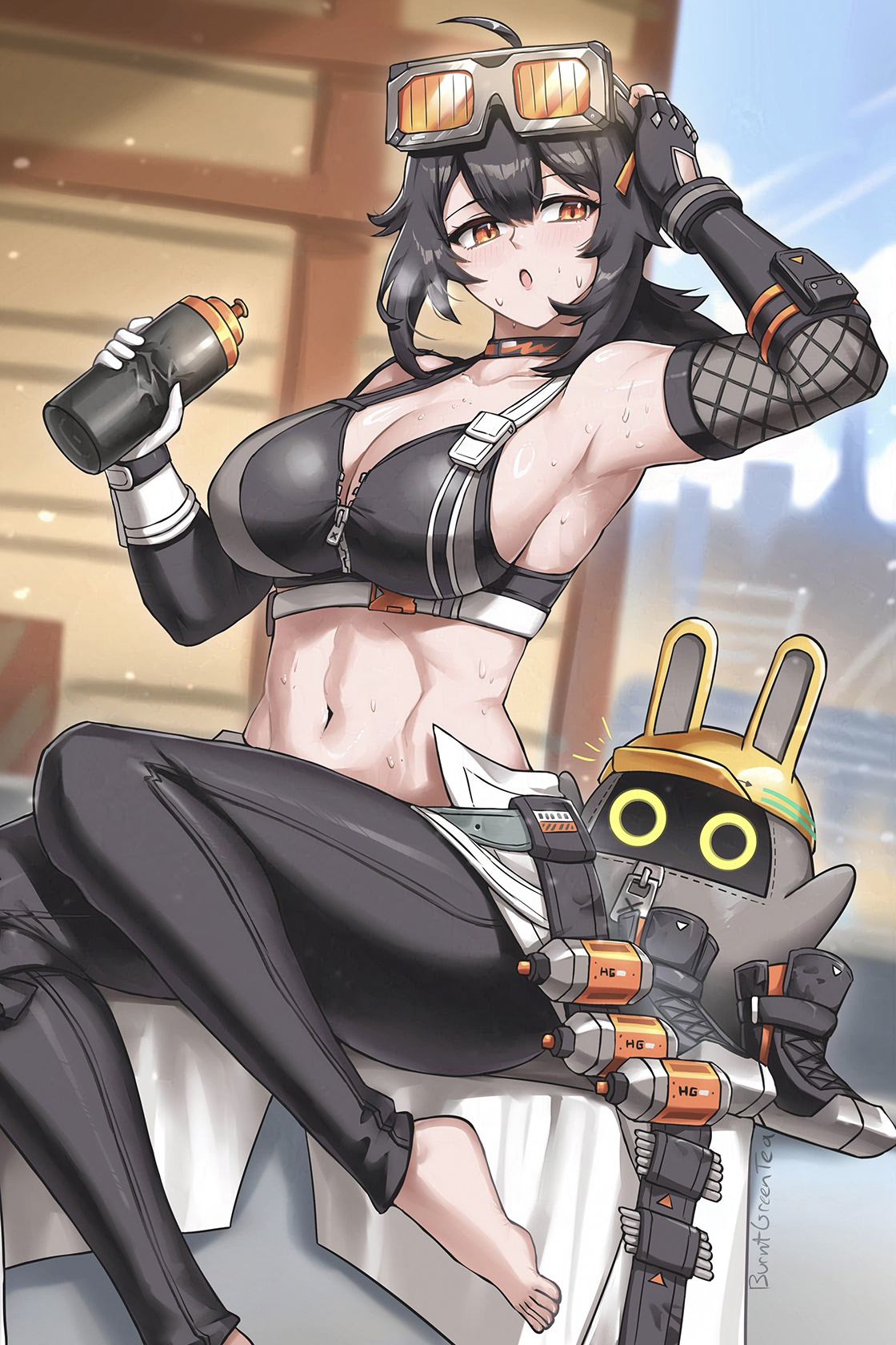 1girls, asymmetrical gloves, bangboo (zenless zone zero), black gloves, black hair, black pants, blue sky, breasts, burnt green tea, cleavage, day, female, female only, foot out of frame, gloves, grace howard, highres, holding, large breasts, leggings, long hair, looking at viewer, mismatched gloves, open mouth, orange eyes, outdoors, pants, sitting, sky, solo, sports bra, sweat, white gloves, zenless zone zero