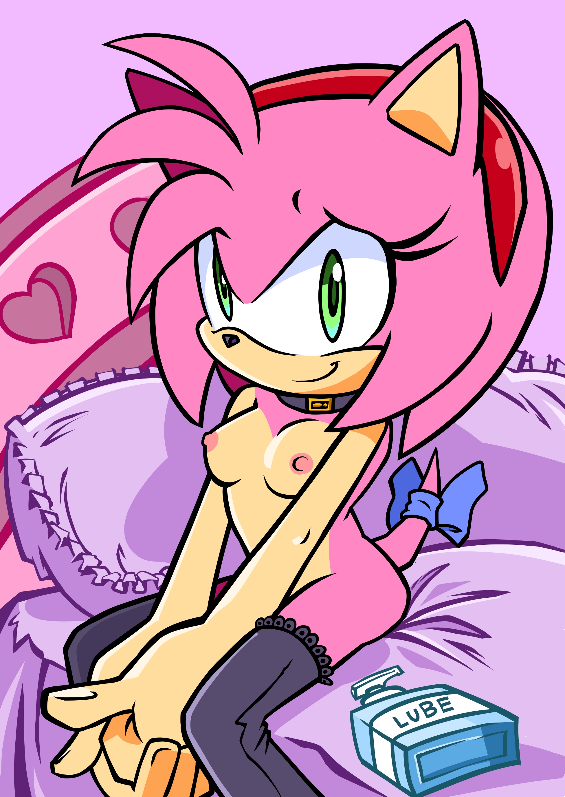 amy rose, bed, bow, breasts, collar, female, furry, green eyes, hairband, hedgehog, hedgehog girl, lube bottle, nervous smile, pink body, randomguy999, sega, sitting, small breasts, sonic (series), stockings, tail, thighhighs