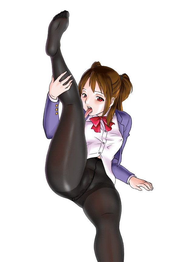 black_legwear blazer bottomless breasts brown_hair crotch_seam erect_nipples feet female leg_lift legs licking looking_at_viewer no_panties pantyhose red_eyes school_uniform simple_background tied_hair tongue twintails uraharukon