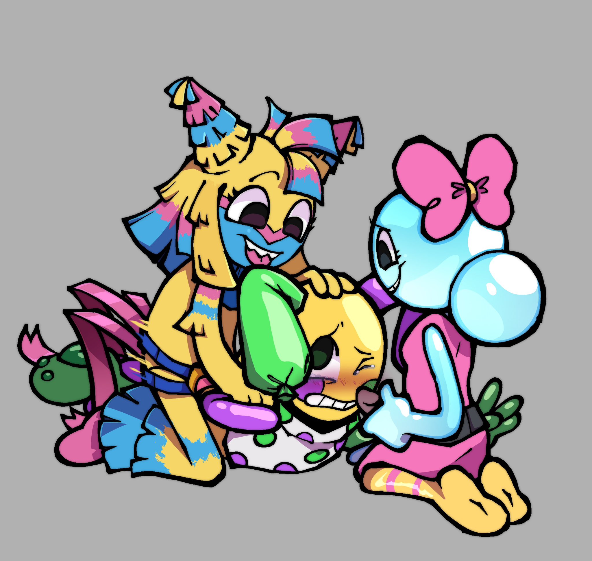 1boy, 2girls, anthro, crying, dandy's world, female, female penetrating, female penetrating male, femboy, femdom, gay, gay anal, gay oral, homosexual, homosexual female, homosexual male, lesbian, looey (dandy's world), male, male penetrated, oral, oral penetration, pegging, poppy (dandy's world), rape, strap-on, strapon, threesome, yatta (dandy's world)