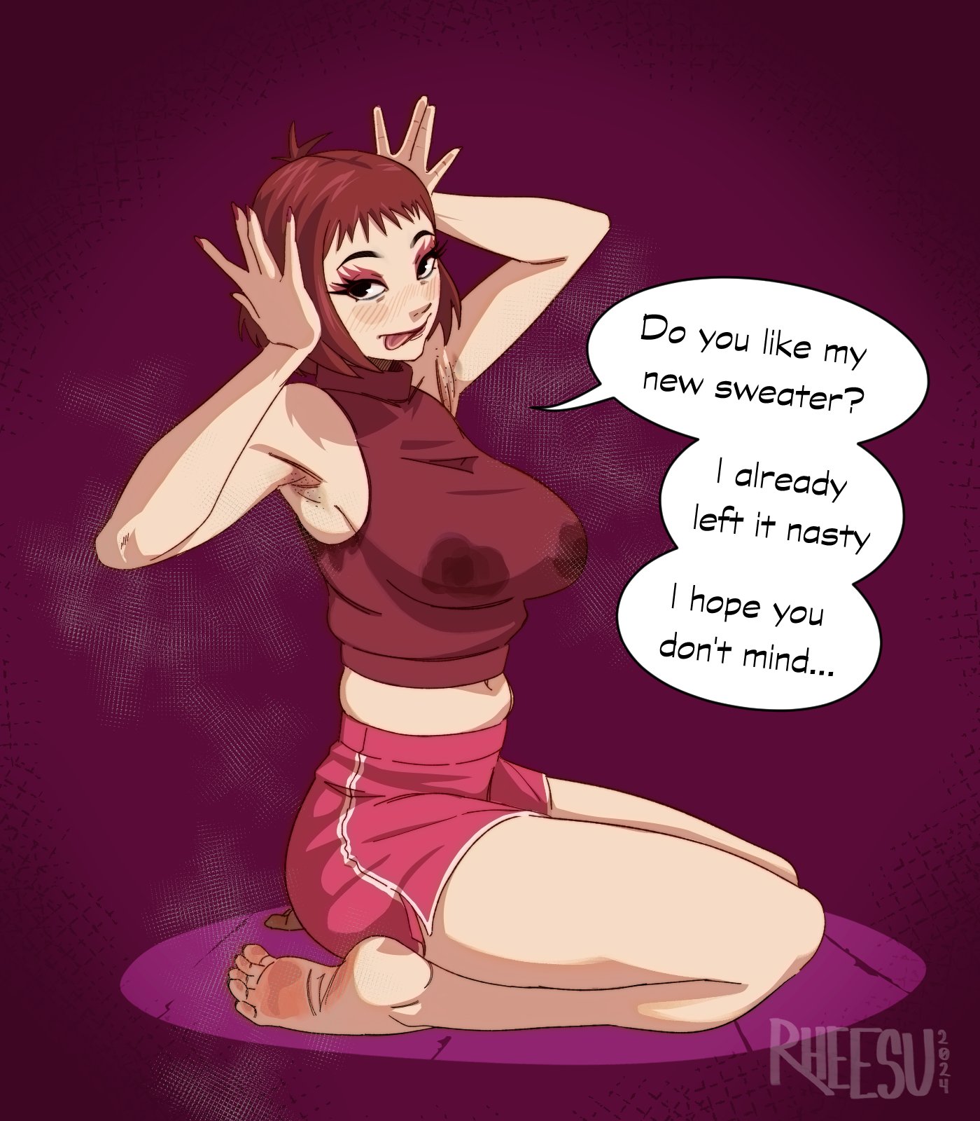 1girls, armpit stubble, armpits, asian, asian female, big breasts, breasts, brown hair, dialogue, female, female only, gorillaz, lactation, lactation through clothes, large breasts, nipples visible through clothing, noodle (cracker island), noodle (gorillaz), pink shorts, rheesu, shorts, solo, sweat, sweat stain, text
