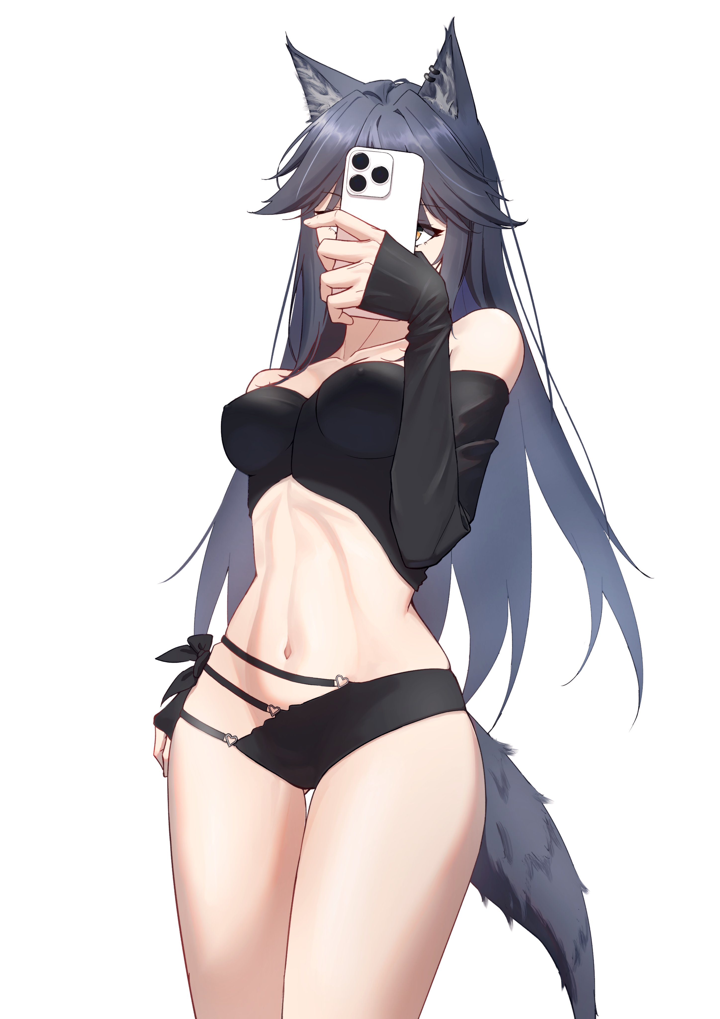1girls, 2d, animal ears, arknights, belly, dconan owo, female, female only, half naked, lingerie, lingerie only, long hair, naked selfie, nipples, nipples visible through clothing, phone, selfie, solo female, tail, texas (arknights), thick thighs, thighs