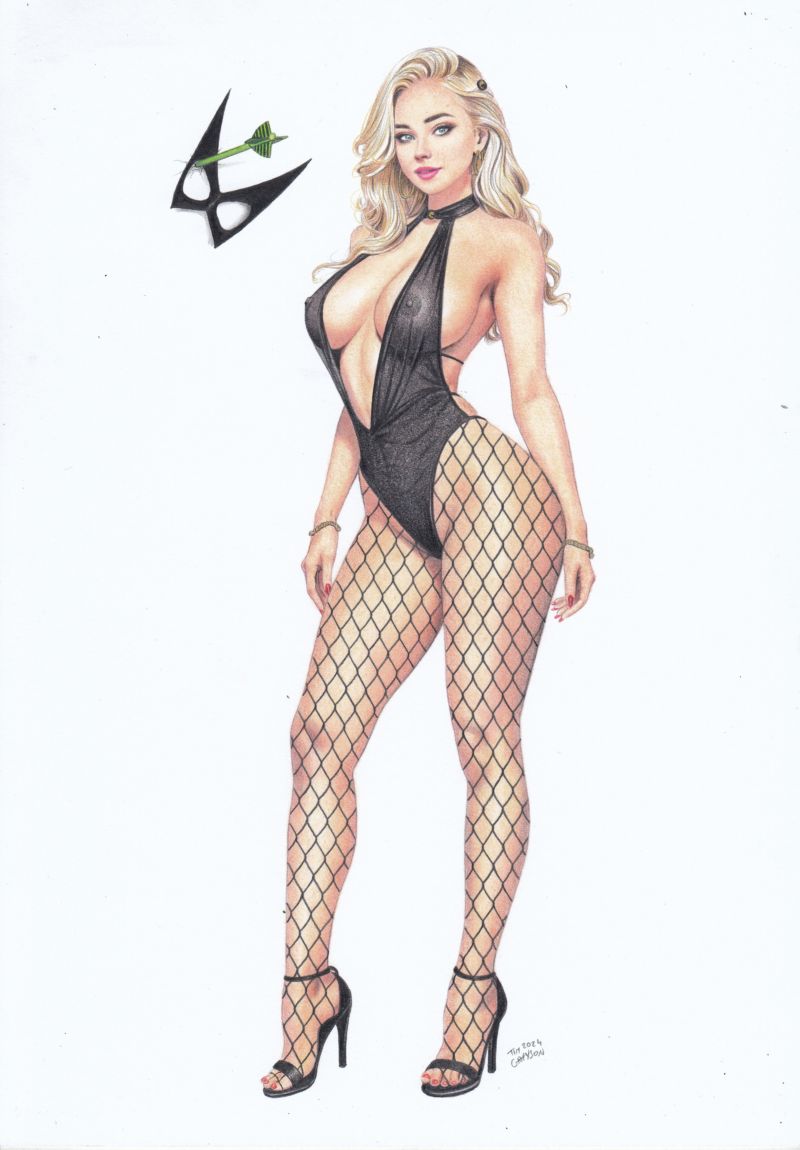 1girls, big breasts, black canary, blonde hair, breasts, cleavage, dc, dc comics, dinah lance, female, female only, fishnets, high heels, lipstick, long fingernails, makeup, nail polish, nipples, nipples visible through clothing, painted fingernails, painted nails, painted toenails, solo, tim grayson, traditional media (artwork), translucent clothing