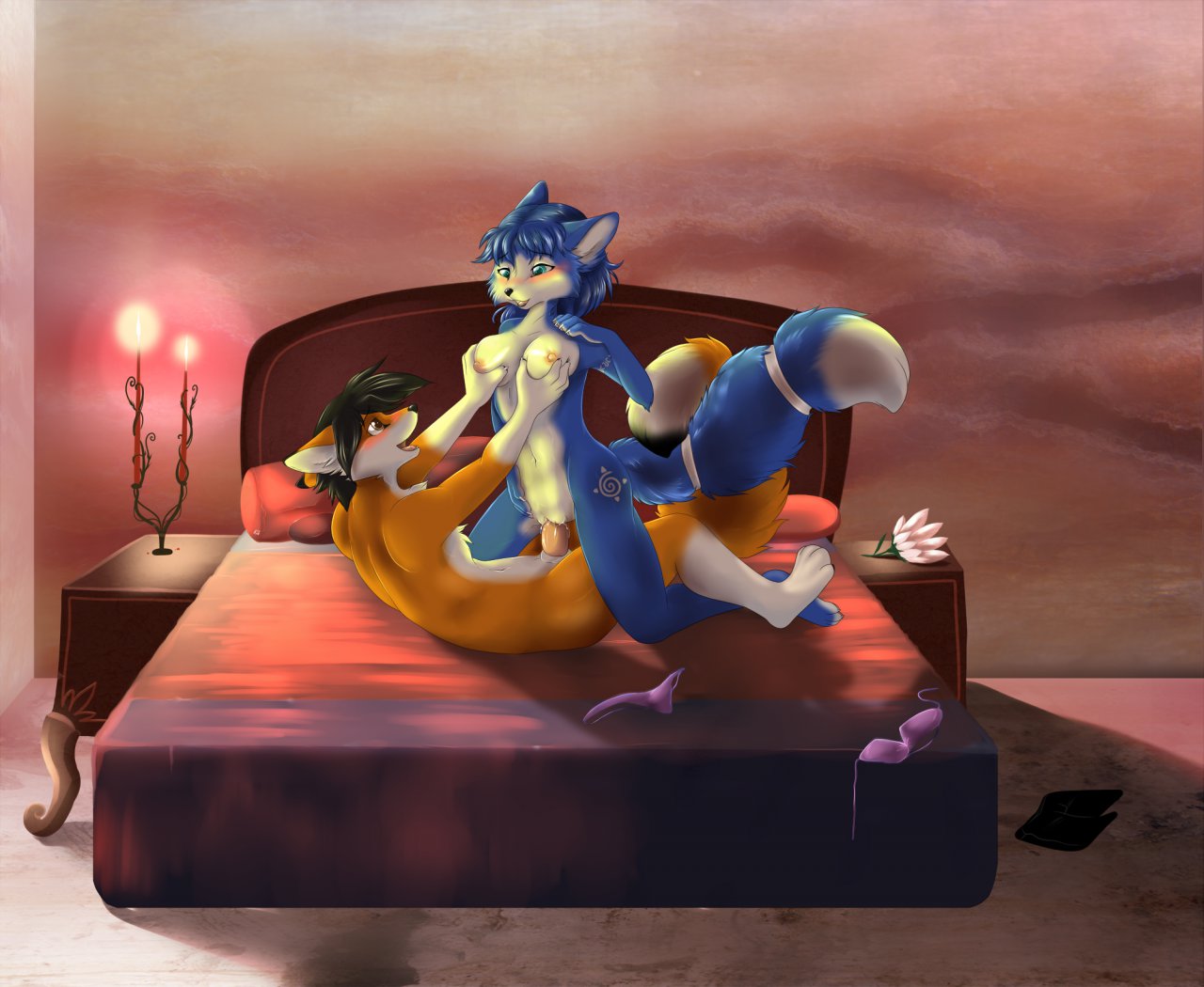 anthro bed blue_fur blush breasts canine cowgirl_position female fox fur furry grope krystal male nude on_back penetration penis pussy sex star_fox straight tassy vaginal_penetration video_games