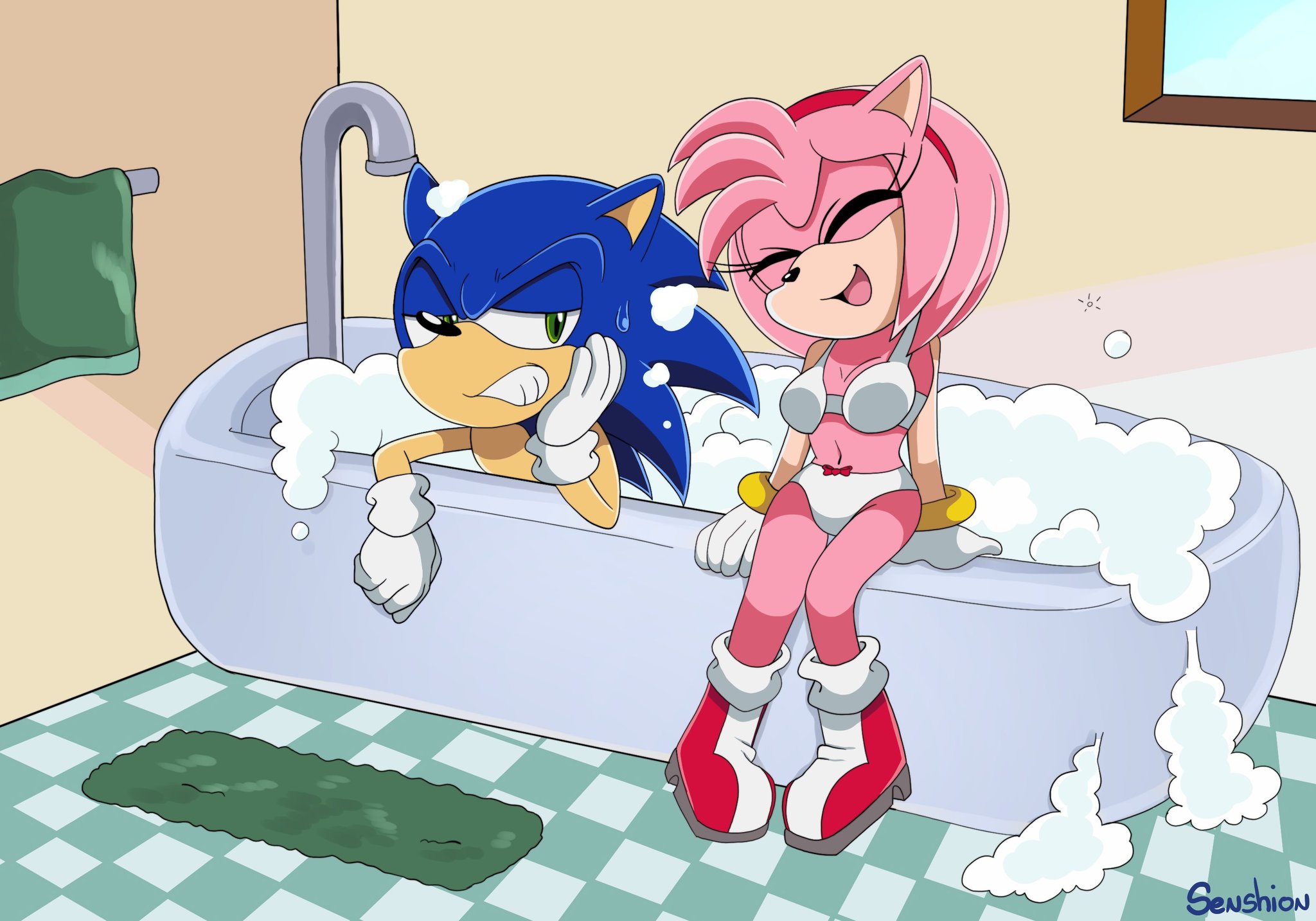 1boy, 1boy1girl, 1girls, 4kids entertainment, accurate art style, accurate artstyle, accurate body type, accurate proportions, amy rose, annoyed, artstyle imitation, background, bath, bathing, bathroom, bathtub, bra, female, furry, male, mobian, mobian (species), mobian hedgehog, panties, sega, senshion, sonic (series), sonic the hedgehog, sonic the hedgehog (series), sonic x, towel, uncomfortable, uncommon stimulation