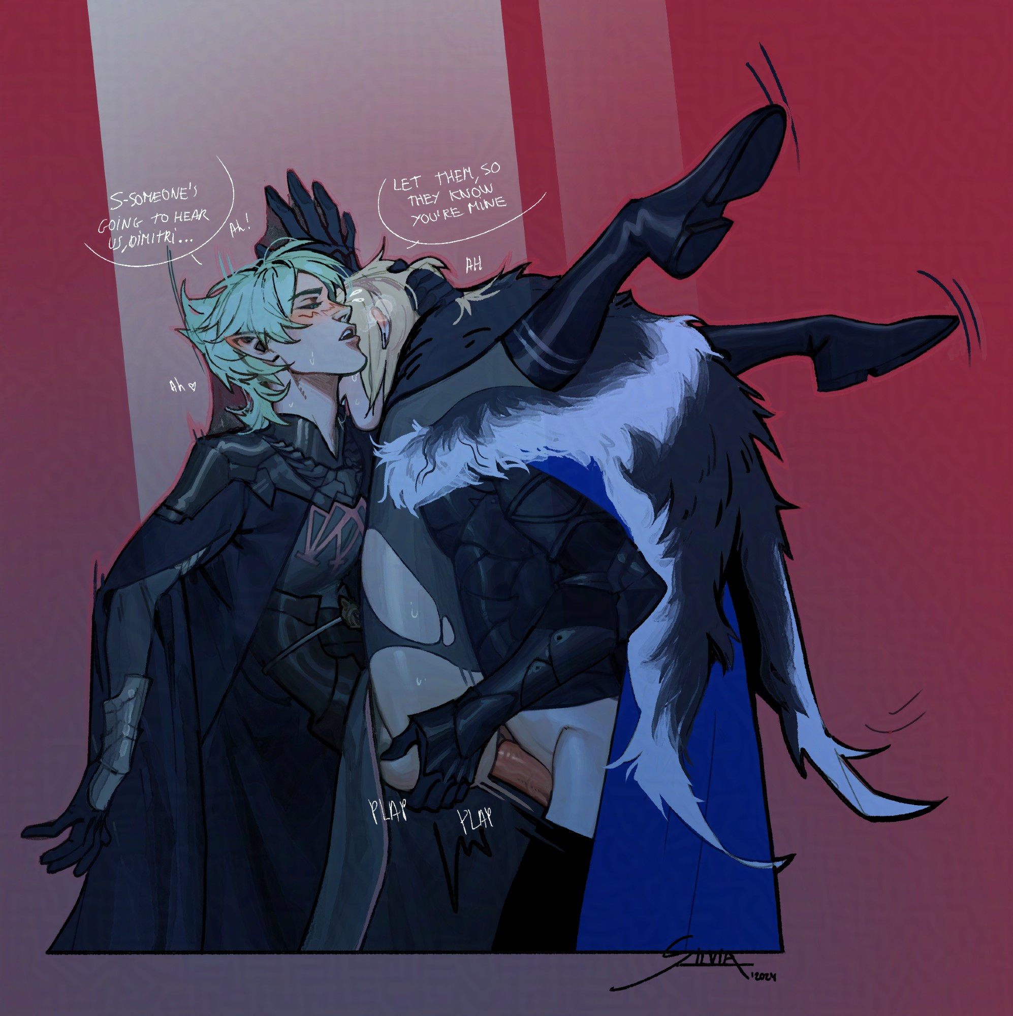 2024, 2boys, against surface, against wall, anal, anal sex, blonde hair, blush, byleth (fire emblem), byleth (fire emblem) (male), clothed, clothed sex, clothing, demonyom, dialogue, digital media (artwork), dimitri alexandre blaiddyd, enlightened byleth (male), fire emblem, fire emblem: three houses, gay, gay anal, gay sex, green eyes, male, male penetrated, male penetrating, male penetrating male, male/male, partially clothed, pointy ears, possessive, speech bubble, wall (structure), yaoi