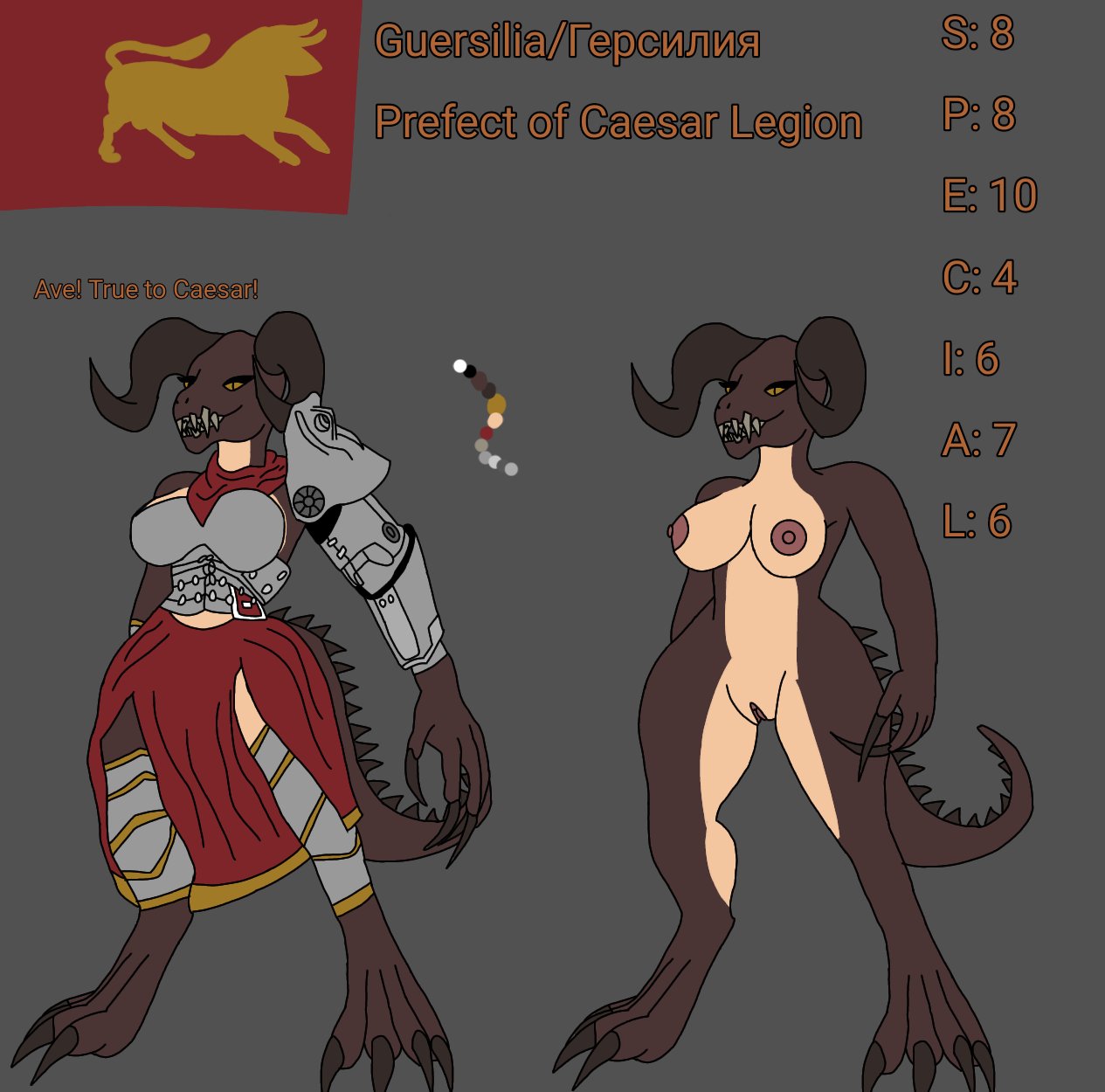 anthro anton06109296 armor breasts brown_body brown_scales caesar's_legion countershading deathclaw english_text fallout fallout_new_vegas female female_deathclaw genitals grey_background guersilia hi_res horn lipless microsoft model_sheet nipples non-mammal_breasts non-mammal_nipples nude nude_anthro nude_female power_armor power_armor_(fallout) pussy scales scalie simple_background solo tail tan_body tan_countershading text twisted_horns yellow_eyes