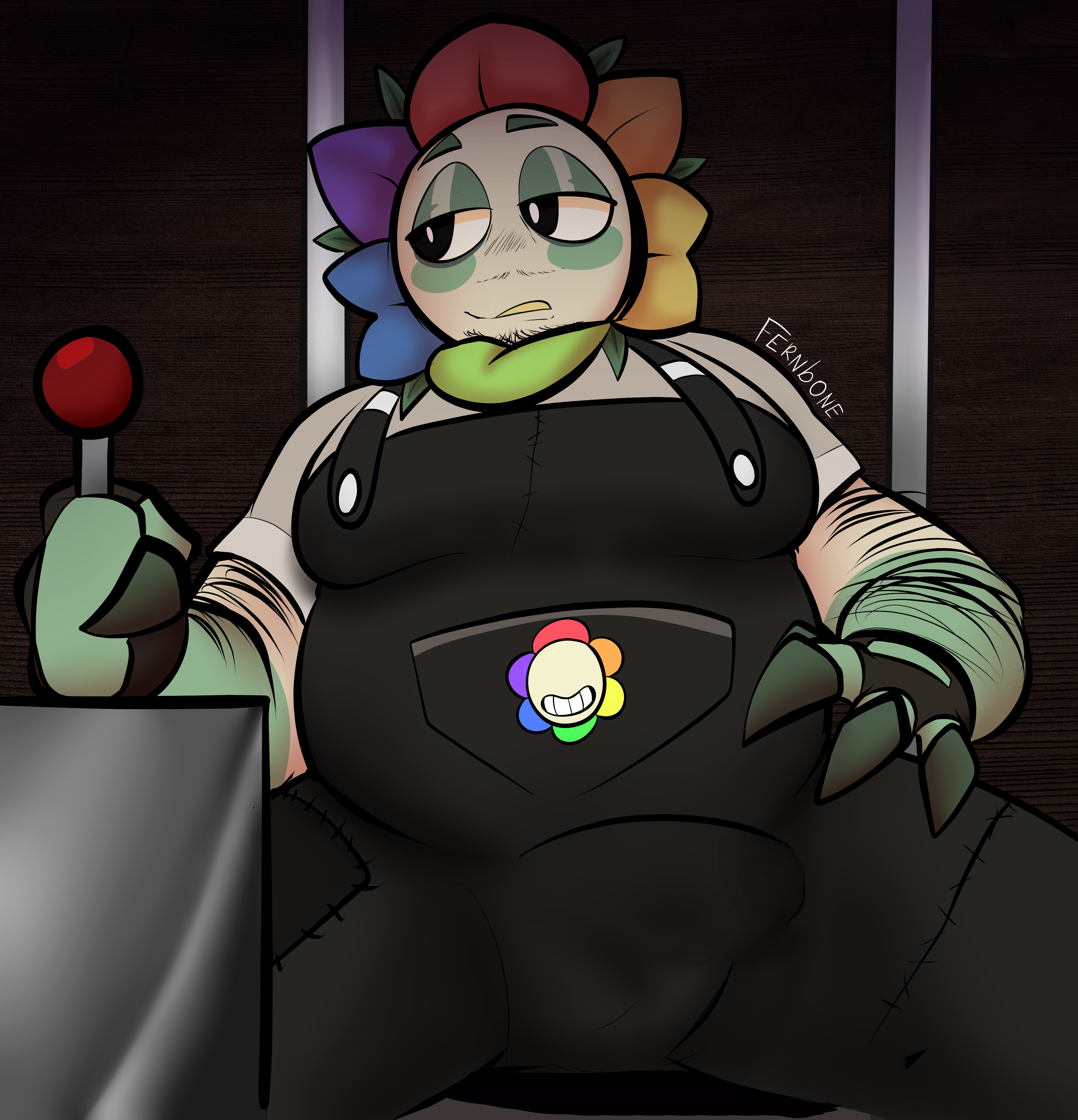 1boy, boner, chubby, chubby male, dandy (dandy's world), dandy's world, erection, facial hair, fat male, fernboner, flower, hard on, lever, male, overalls, penis, penis under clothes