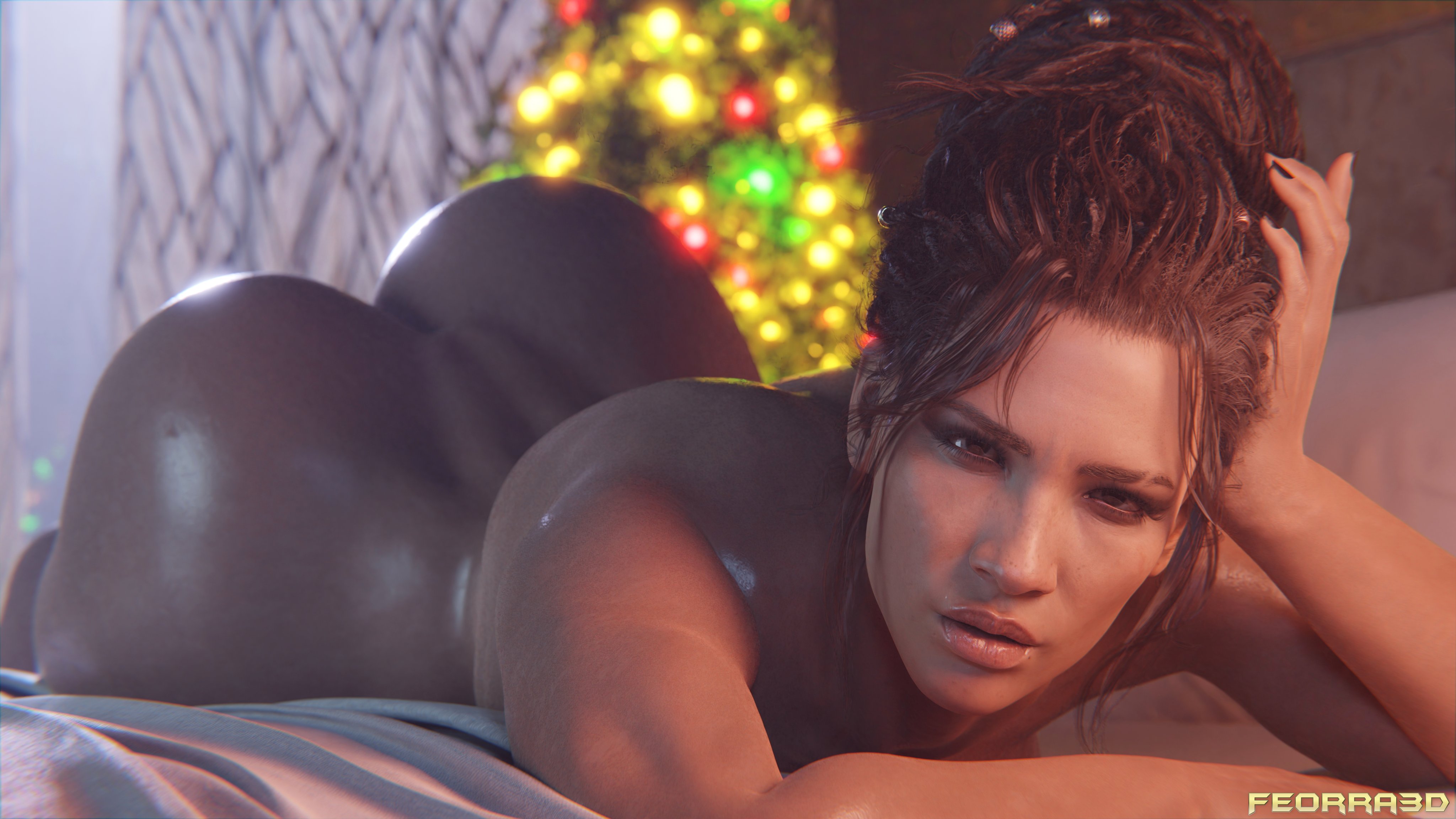 1girls, 2023, 3d, ass, black nail polish, bun hair, caked up, christmas, christmas tree, completely nude, cyberpunk 2077, dark skin, dark-skinned female, detailed background, dreadlocks, eyebrow slit, female, female only, feorra3d, freckles, freckles on face, head rest, huge ass, indoors, kissable lips, laying, laying on bed, laying on stomach, lipstick, long hair, looking at viewer, nail polish, no visible genitalia, no visible nipples, nude, nude female, painted nails, panam palmer, solo, tied hair