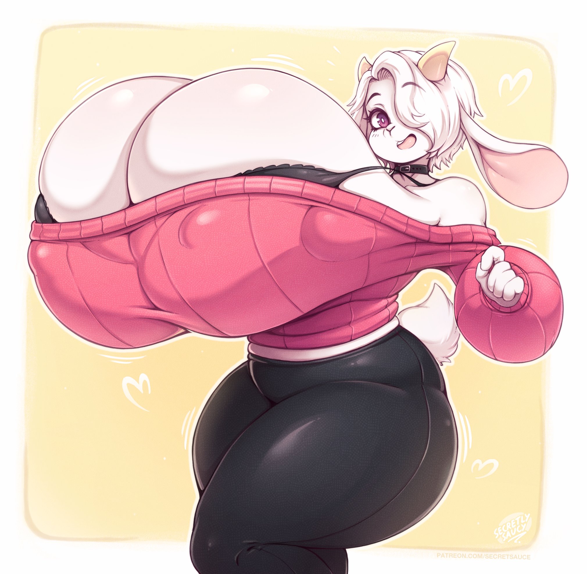 2 horns, 2025, 5 fingers, anthro, artist name, big breasts, biped, black clothing, bottomwear, bovid, bra, breasts, caprine, clothed, clothing, digital media (artwork), eyebrows, eyelashes, female, fingers, fur, goat, hair, hair over eye, hi res, horn, huge breasts, hyper, hyper breasts, mammal, nipple outline, open mouth, pants, pupils, secretly saucy, short tail, smile, solo, tail, text, thick thighs, three-quarter view, underwear, url, white body, white hair