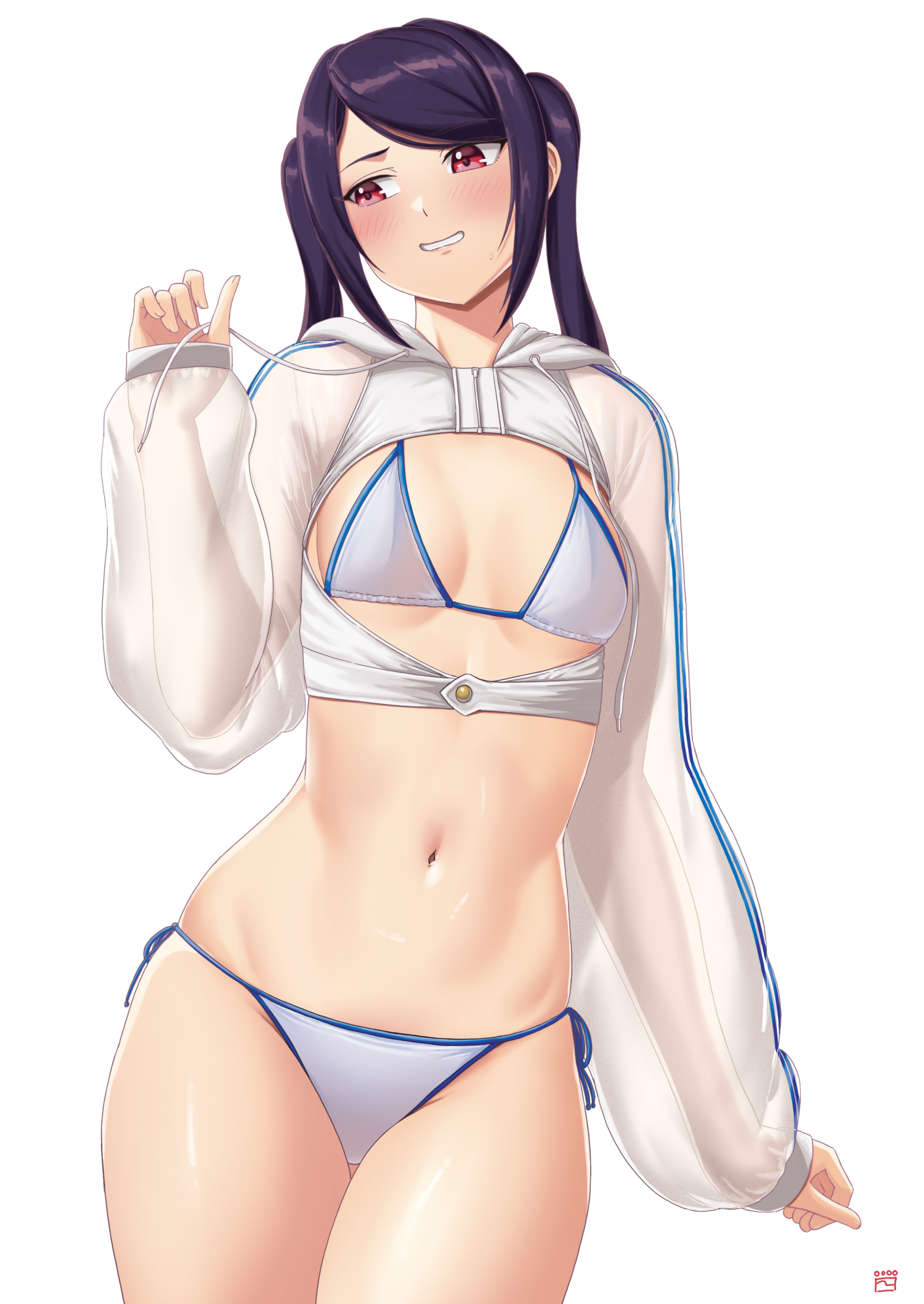 1girls, averting eyes, bikini, blush, breasts, cropped hoodie, facing viewer, female, finalcake, hoodie, julianne stingray, looking away, navel, no pants, purple hair, red eyes, see-through clothing, side-tie bikini, small breasts, solo, standing, thighs, twintails, va-11 hall-a, white background, white bikini