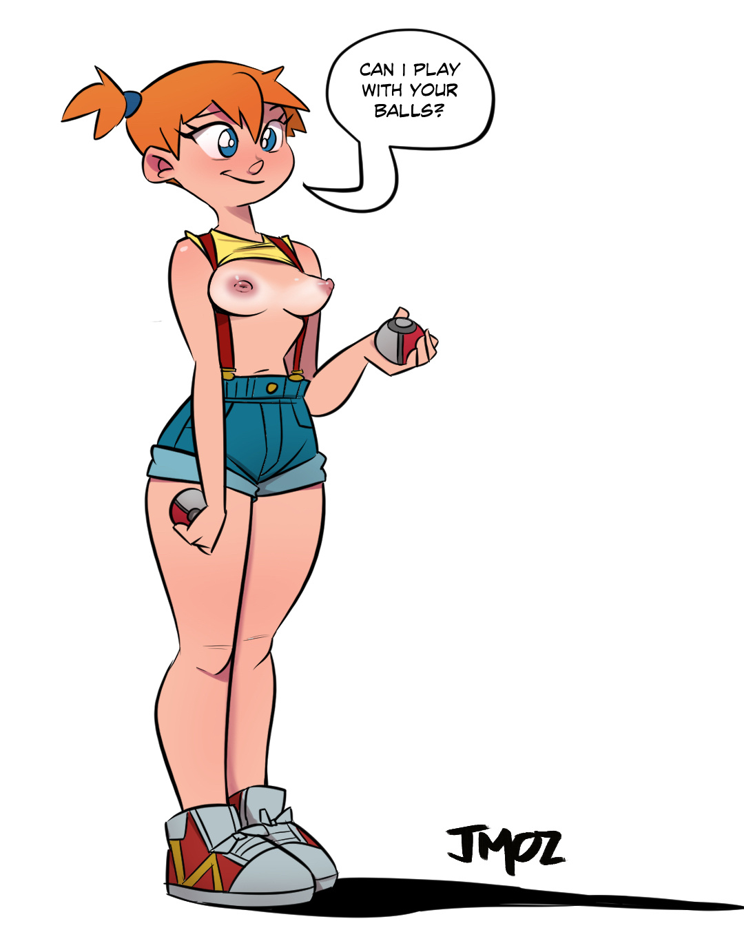 1girls, artist name, artist signature, balls, blue eyes, boobies, boobs, braless, breasts, cute, female, flashing, flashing breasts, flushed face, holding balls, holding object, innocent expression, innuendo, jean shorts, jmoz, jmoz comix, kasumi (pokemon), male, no bra under clothes, perky breasts, pink nipples, pointy breasts, pokemon, ponytail, red hair, shadow, shoes, simple background, small breasts, sneakers, solo female, suspenders, teenage female, teenager, tits out, white background, wholesome, yellow shirt, young