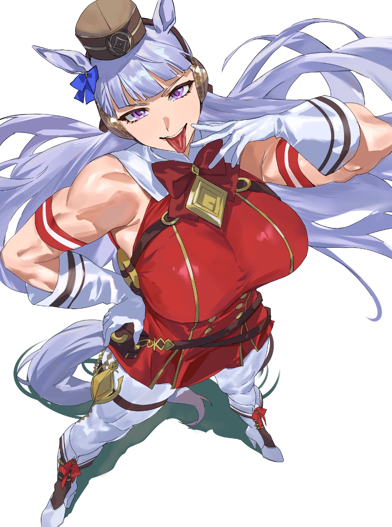 1girls, animal ears, armband, armpits, belt pouch, boots, breasts, brown hat, dress, female, female only, from above, full body, gloves, gold ship (red strife) (umamusume), gold ship (umamusume), hand on own chest, hat, high heels, highres, horse ears, horse girl, horse tail, large breasts, legs apart, long hair, looking at viewer, mini hat, muscular, muscular female, open mouth, pouch, purple eyes, purple hair, red dress, shadow, simple background, smile, solo, stiletto heels, tail, taiyang yu, teeth, thighhighs, tongue, tongue out, umamusume, upper teeth only, very long hair, white background, white boots, white gloves, white thighhighs