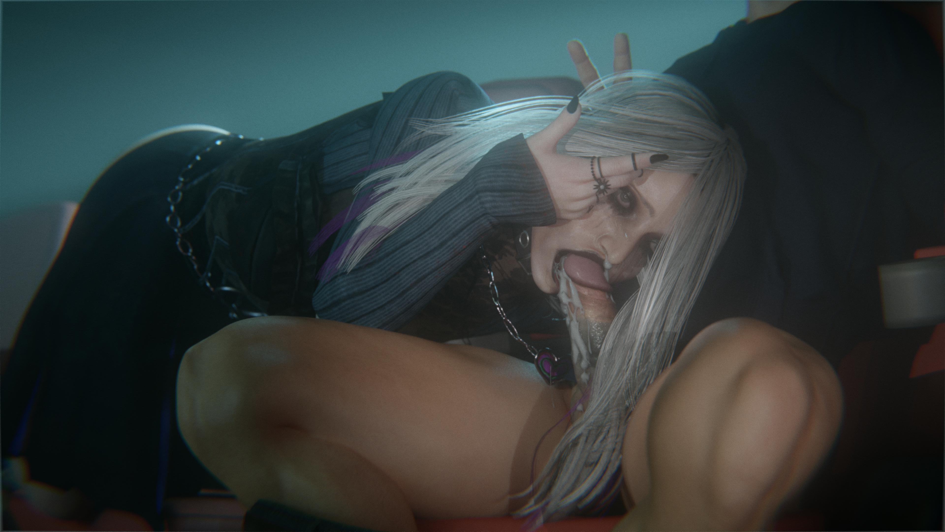 1boy, 1girls, 2025, 3d, black lipstick, black nails, blowjob, choker, cinema, cum, cum in mouth, cum inside, dbd, dead by daylight, erect penis, erection, female, forced oral, kyokwadesu, light skin, light-skinned female, light-skinned male, lipstick, male, male on female, movie theater, nail polish, necklace, penis, penis in mouth, purple hair, ring, ruined makeup, sable ward, sloppy, straight, sucking, sucking penis, tears, unseen male face, white hair