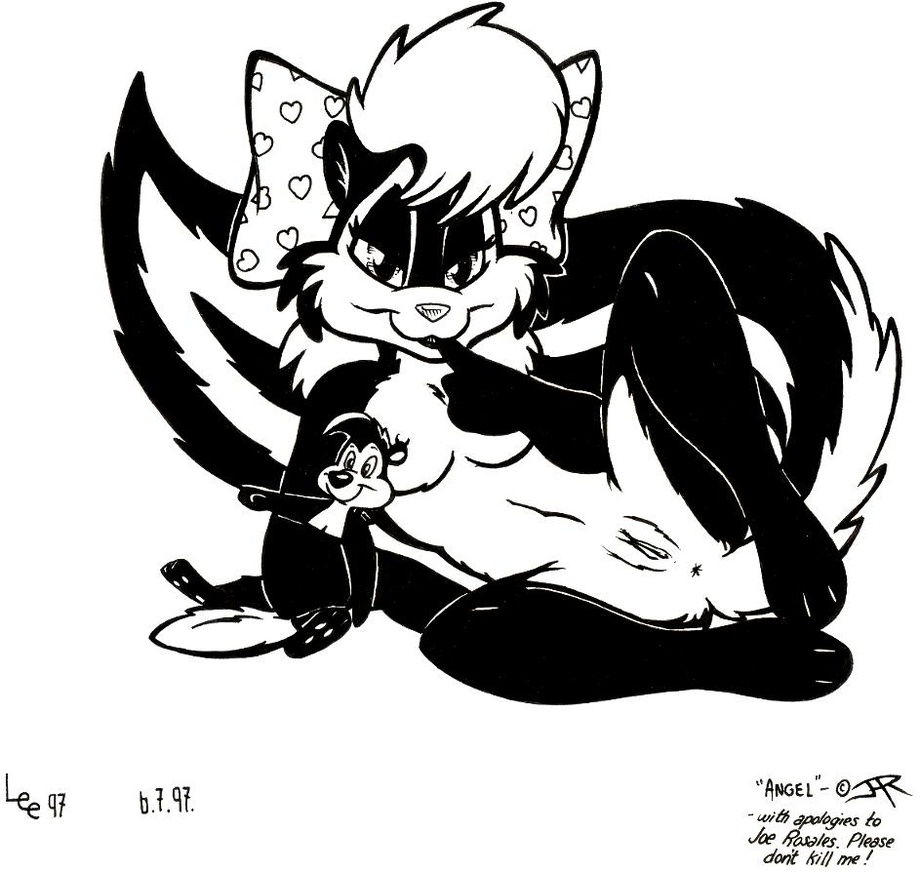 1990s 1997 20th_century angel_(character) anthro anus black_and_white breasts desiree_lee english_text female looking_at_viewer monochrome nude pinup plushie post pussy skunk solo text