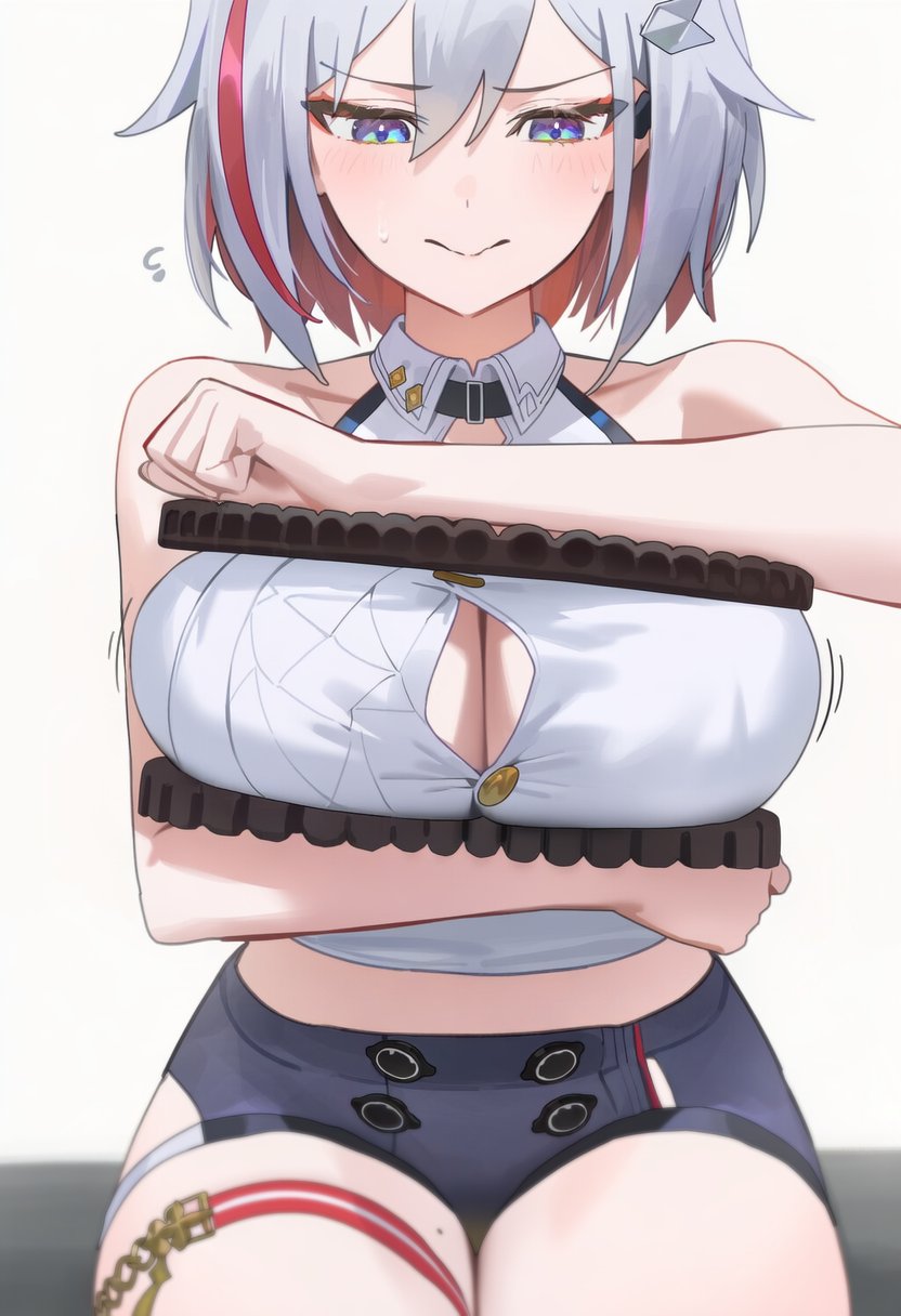 2025, artist request, big breasts, blue eyes, breasts, button gap, female, honkai (series), honkai: star rail, huge breasts, large breasts, mole on thigh, oreo, shioreos (meme), short hair, tagme, thick thighs, topaz (honkai: star rail)