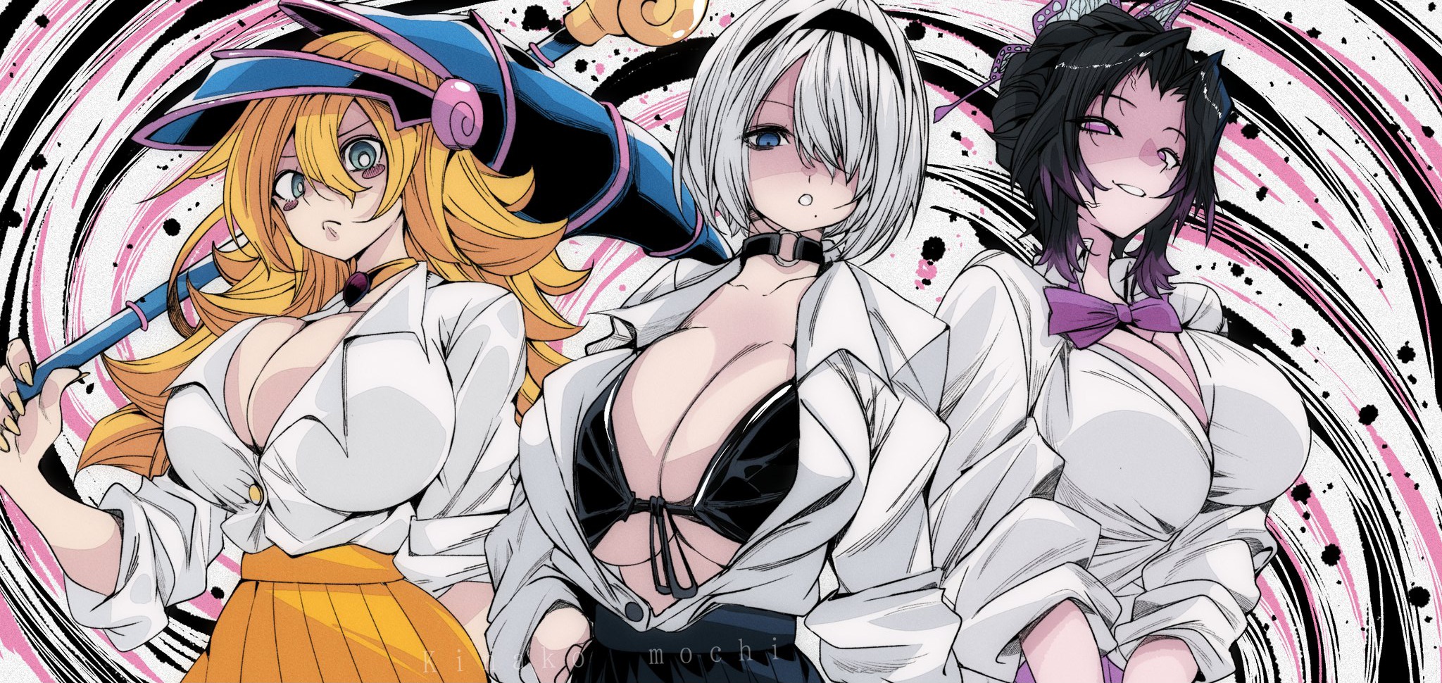 2025, 3girls, breasts, bug, cleavage, dark magician girl, demon slayer, female, female only, huge breasts, kochou shinobu, large breasts, nier: automata, omochi db, tagme, yorha 2b, yu-gi-oh!