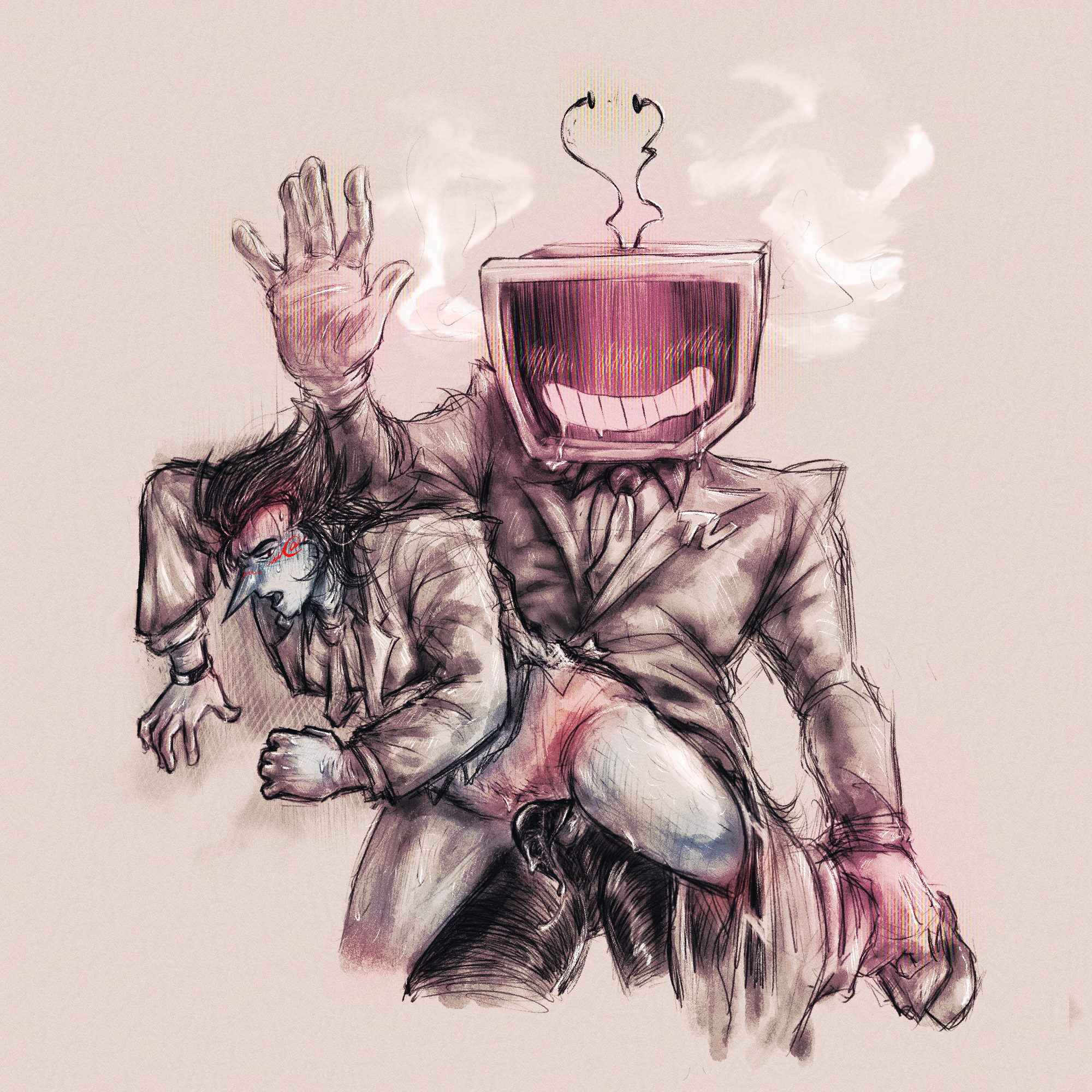 alternate version available, clothed, comic, deltarune, drool on face, drooling, gay, male, pants around one leg, pants pulled down, penis, sequence, spamtenna, spamton g spamton, stuck in wall, tenna (deltarune), tentacle dick, textless version, tv timers