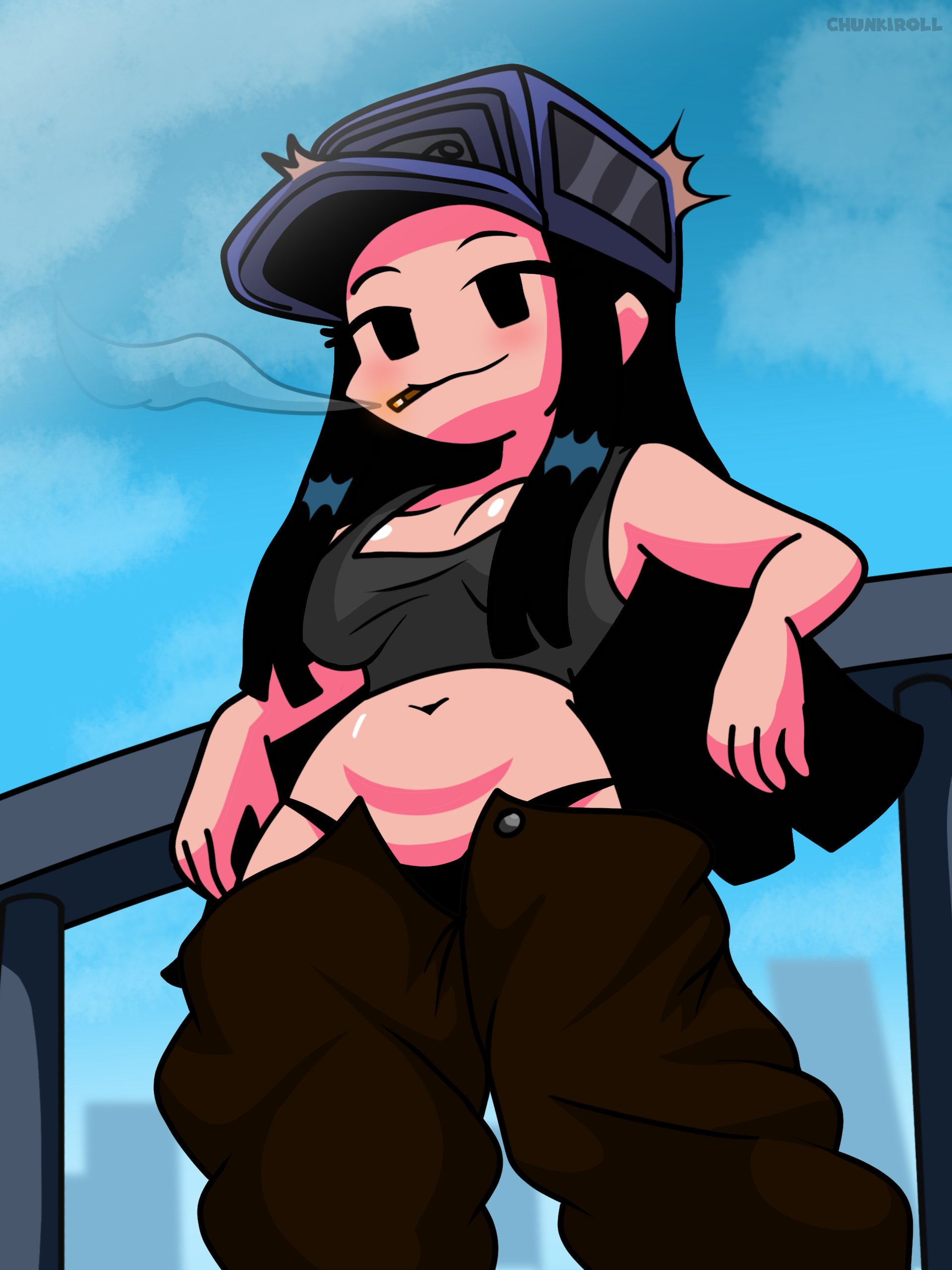 1girls, artist name, artist signature, background, baggy clothing, baggy pants, belly, belly button, black eyes, black hair, black hair female, breasts, cassette girl, chunkiroll, cigarette, cleavage, clothed, clothed female, cloud, female, female focus, female only, friday night funkin, hat, leaning back, looking at viewer, mob face, newgrounds, panties, pants, pants falling down, sagging pants, smile, smiling, smiling at viewer, smoking, smoking cigarette, streetwear, topwear, unbuttoned pants