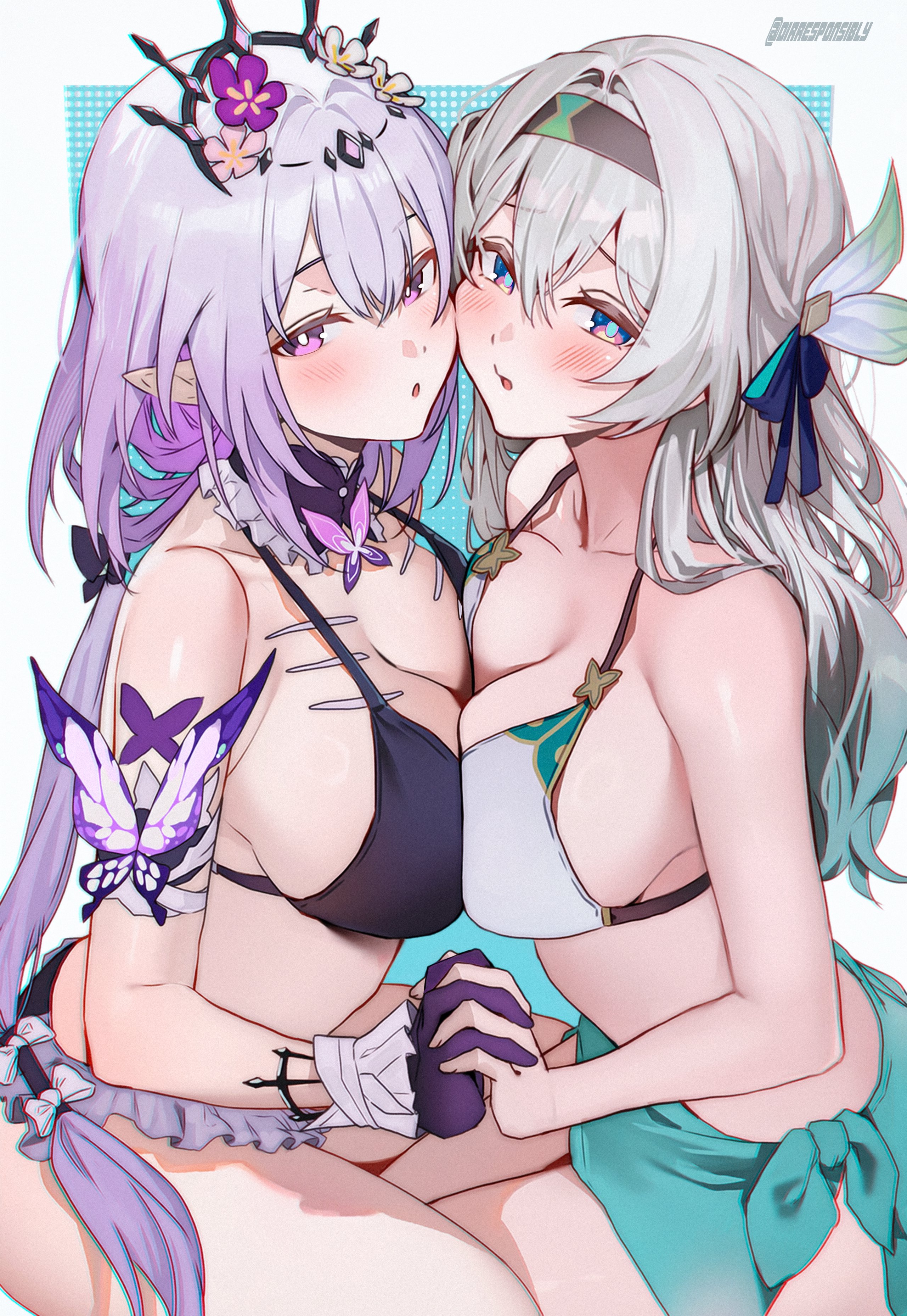 2girls, big breasts, bikini, blush, breasts, castorice (honkai: star rail), diffuseresponsibly, female, female only, firefly (honkai: star rail), honkai: star rail, tagme