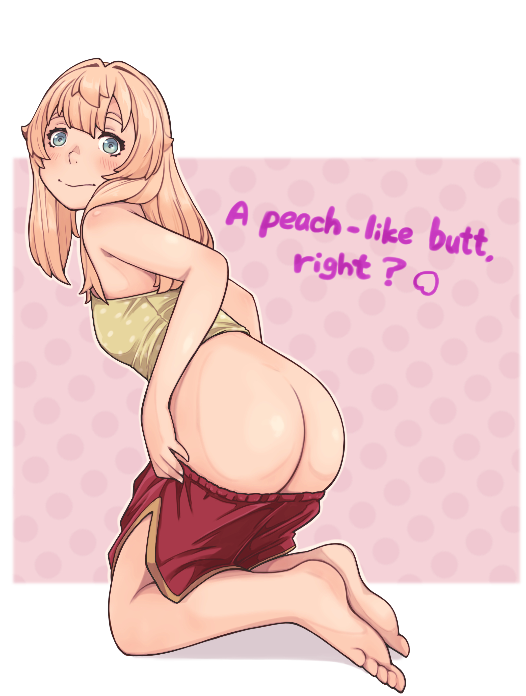 1girls, ass, blonde hair, blush, breasts, bridget, color, dialogue, embarrassed, english text, female, green eyes, guilty gear, guilty gear strive, highres, lighting, long hair, looking at viewer, nervous smile, no panties, pants down, partially clothed, pose, presenting, presenting hindquarters, smile, sugag, talking to viewer, trans, trans woman, transfem, transgender, transgender woman, undressing, white background