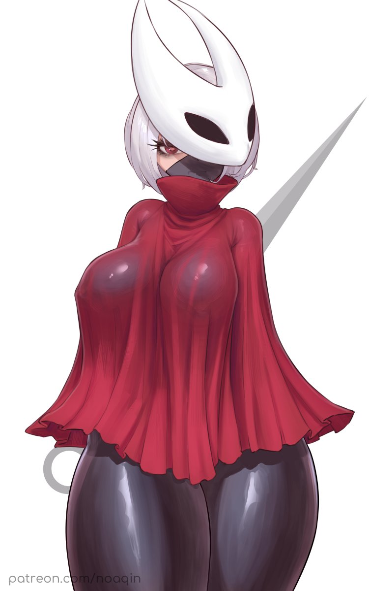 1girls, breasts, cape, face mask, facemask, female, female focus, female only, hollow knight, hollow knight: silksong, hornet (hollow knight), large breasts, light skin, light-skinned female, mouth mask, noaqin, simple background, solo, thick thighs, thighs, wide hips