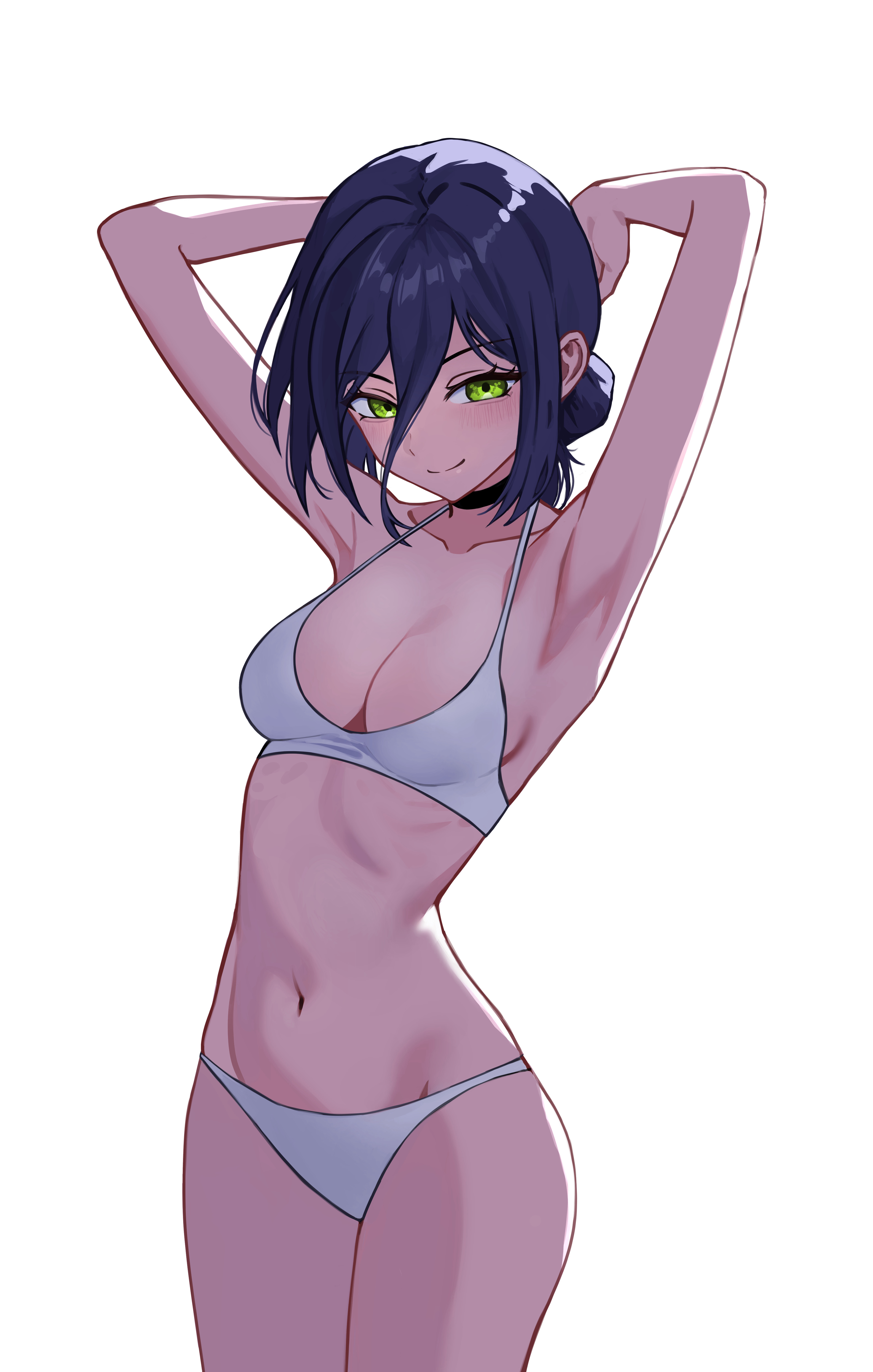 1girls, armpits, arms up, artist request, bikini, breasts, chainsaw man, female, green eyes, hips, loving gaze, migae1384, reze (chainsaw man), sexy female, showing armpits, showing off, slender waist, smiling at viewer, violet eyes, white bikini, wide hips