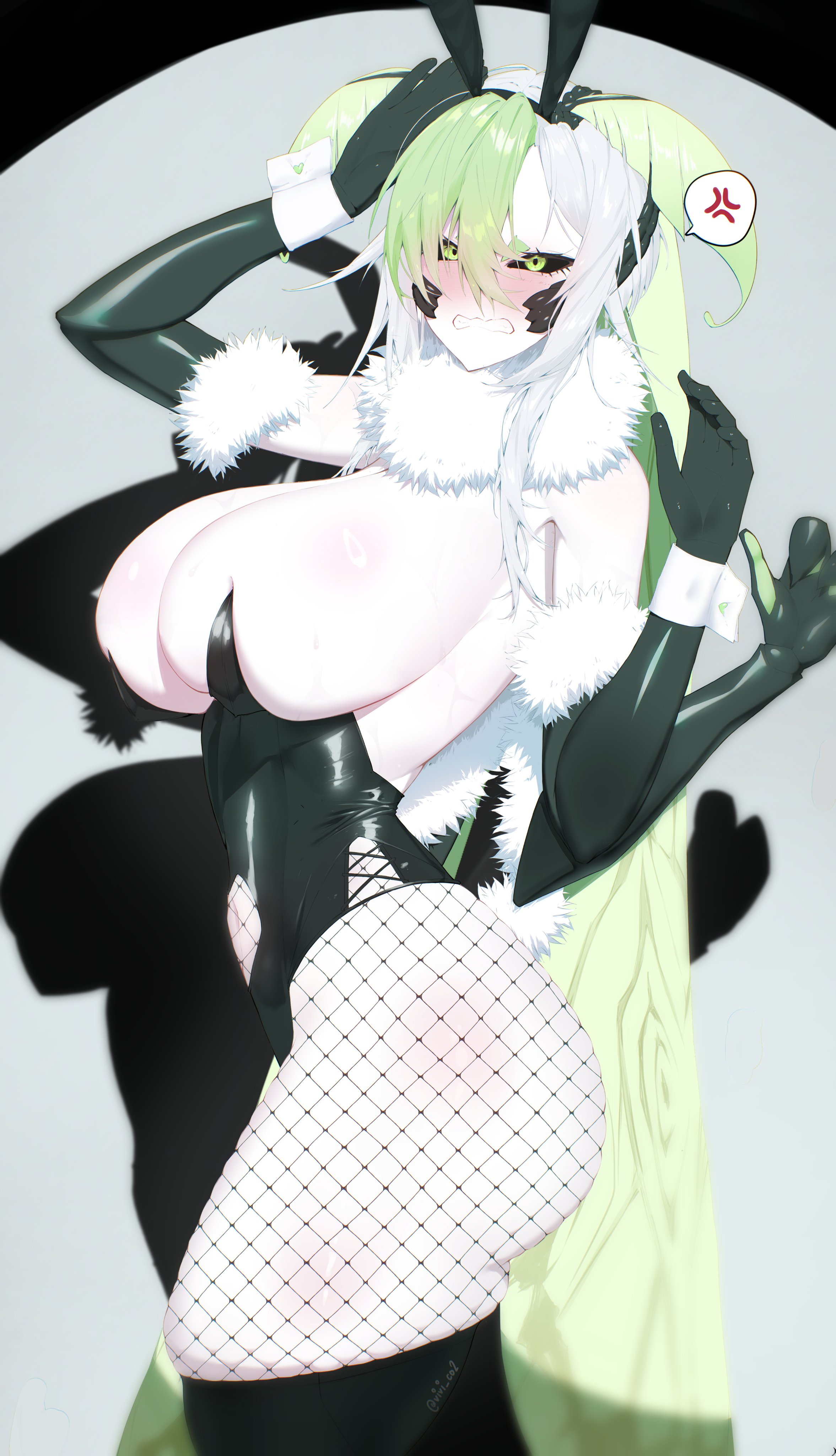 1girls, 4 arms, angry, angry expression, angry face, armpits, ass, ass bigger than head, big ass, big breasts, black sclera, blush, breasts, bug girl, bunny ears, bunnysuit, cleavage, female, female only, fishnets, gloves, green eyes, green hair, huge breasts, indie virtual youtuber, insect girl, juniper (egocider), juniper actias, large ass, large breasts, legs, light-skinned female, massive breasts, monster girl, moth girl, shadow, shocked expression, solo, surprised, thick, thick ass, thick legs, thick thighs, thighhighs, thighhighs over fishnets, thighs, virtual youtuber, vivi co, vtuber, white hair, white skin